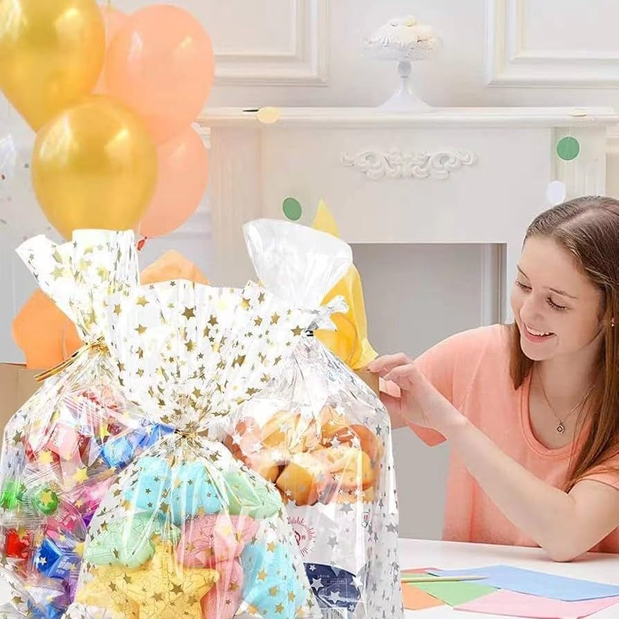 SYTHAK Cellophane Treat Bags,100 PCS Star Candy Bags with Twist Ties,Goodie Gift Wrap Cookie Cello Bag for Valentine, Birthday,Christmas,Baby Shower, Wedding Party Favor Supplies (Gold) image number 1