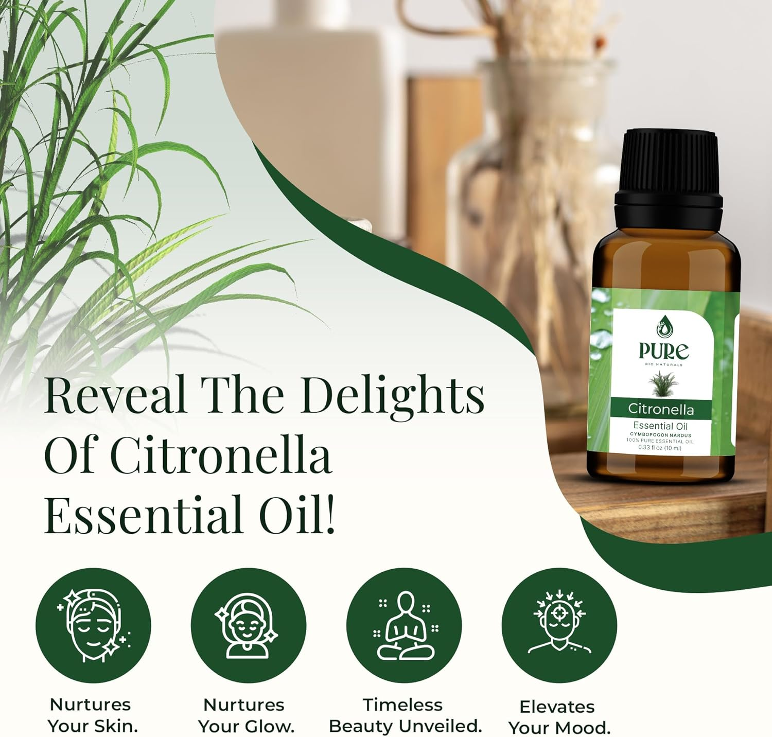 Pure Bio Citronella Oil | 100% Natural, Organic & Pure | Therapeutic Grade Essential Oil for Insect Repellent, Aromatherapy & Massage &ndash; 100 Ml