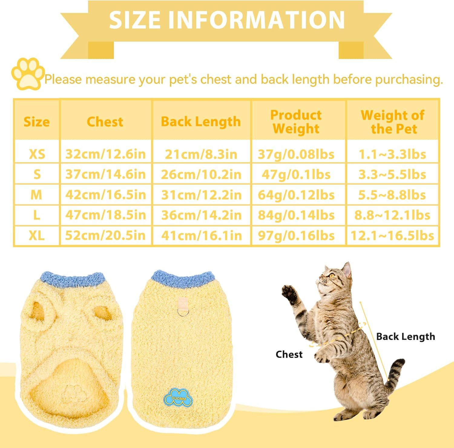 Soft Warm Jumper, Plush Sweatshirt for Small Cat & Dog, Winter Warm Cat & Dog Jumper Sweater, Pet Sweater Vest (Yellow, XS) image number 3