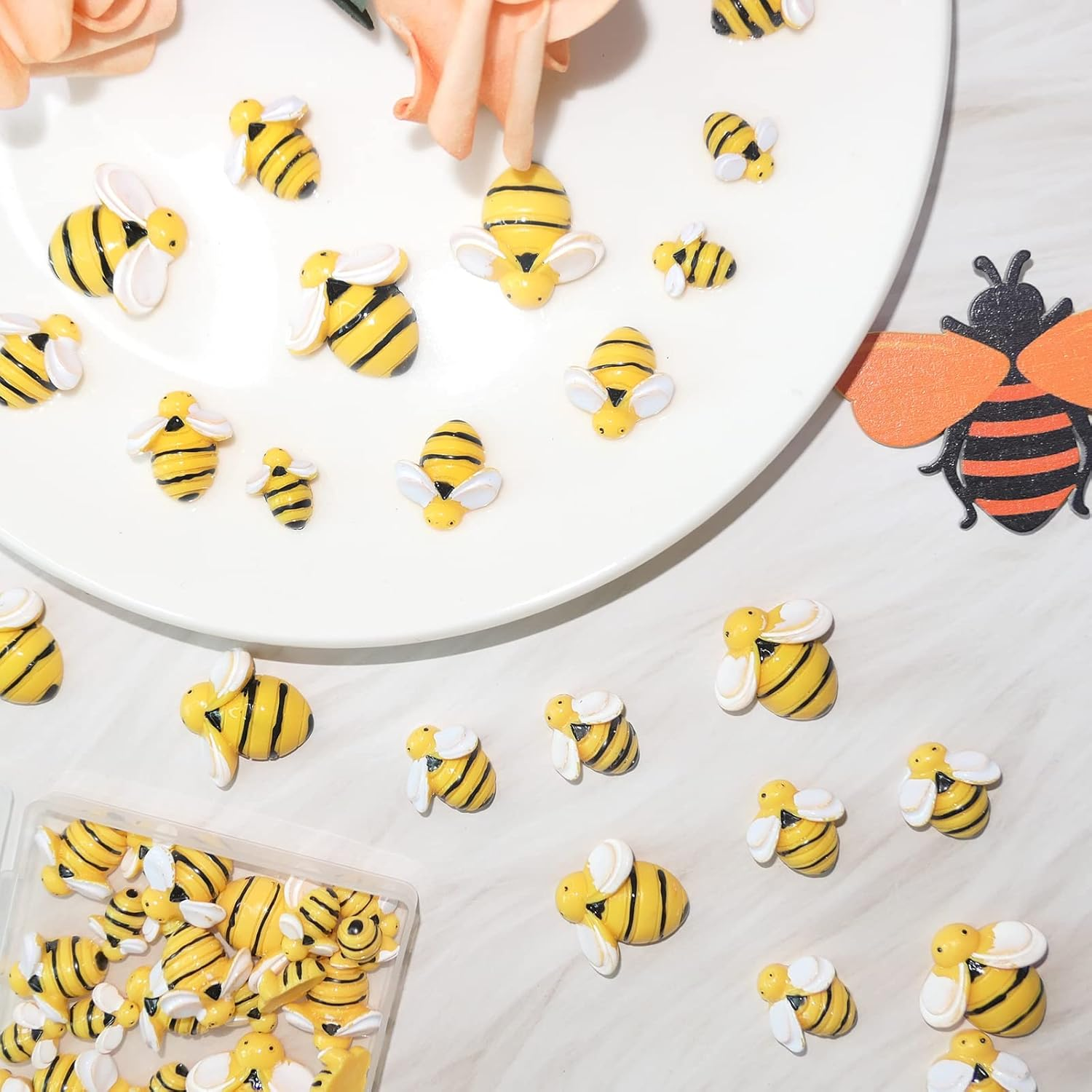 HADDIY Tiny Craft Bees,50 Pcs Small Plastic Resin Bumble Bee Decor for Embellishments and Bee Themed Birthday Party Table Decoration image number 2
