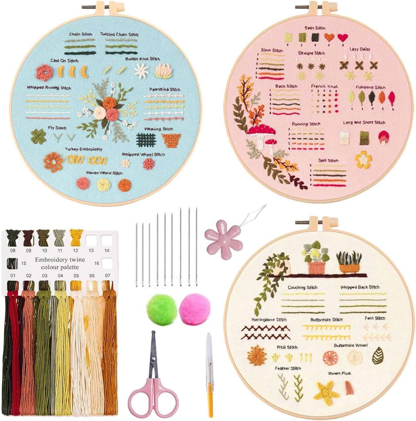 Embroidery Kit for Beginner,3 Sets Stitch Practice Kit, with Hoop and Needle Thread, Flower Cross to Learn 30 Different Adultkids Starter image number 6