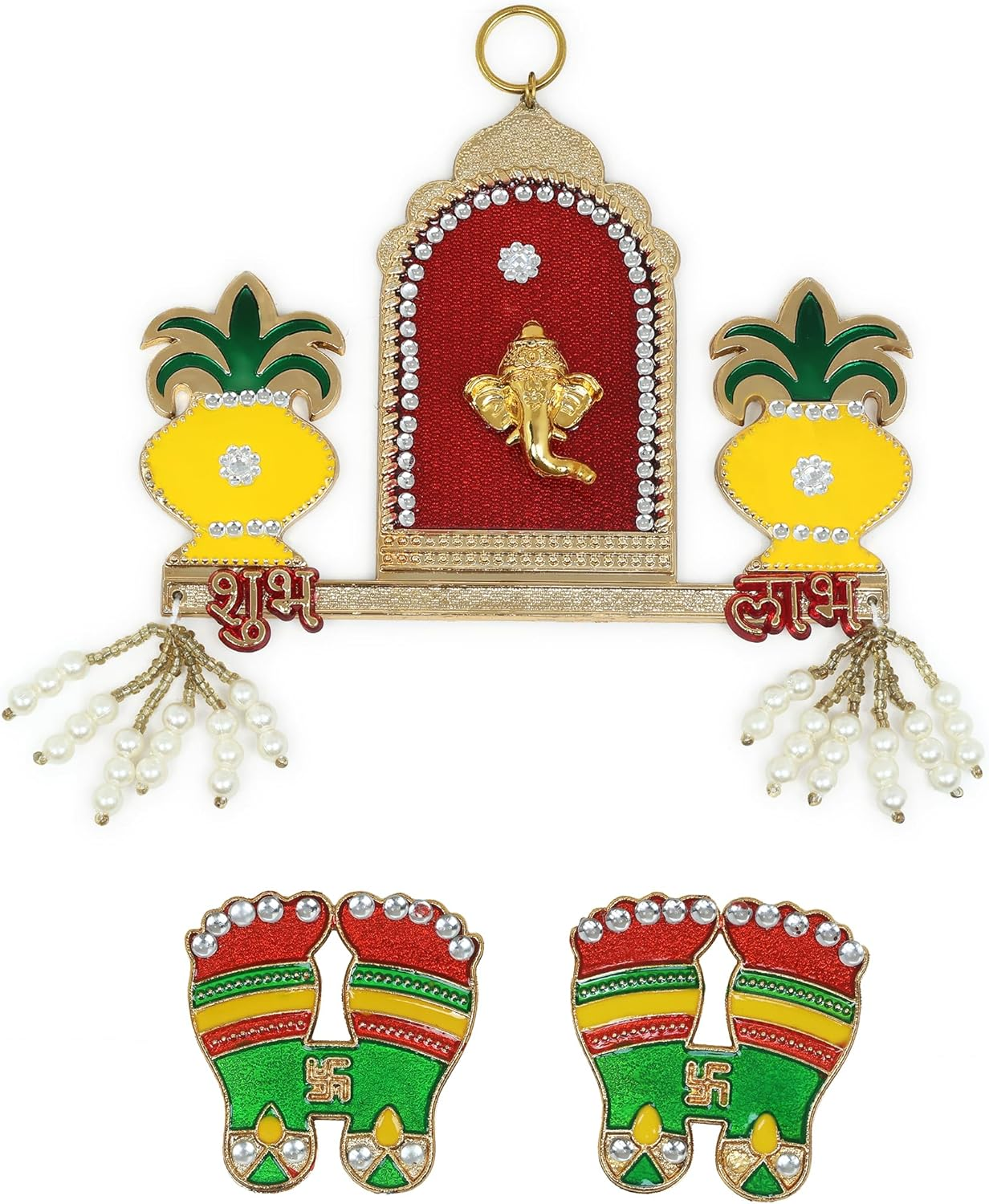 Diwali Ganesh Shubh Labh Acrylic Rangoli Set with Laxmi Charan Pagla Wall Hanging | Acrylic Kalash Design Shubha Labh & Laxmi Padhuka for Home Office Temple Mandir Pooja | Traditional Festival D&eacute;cor