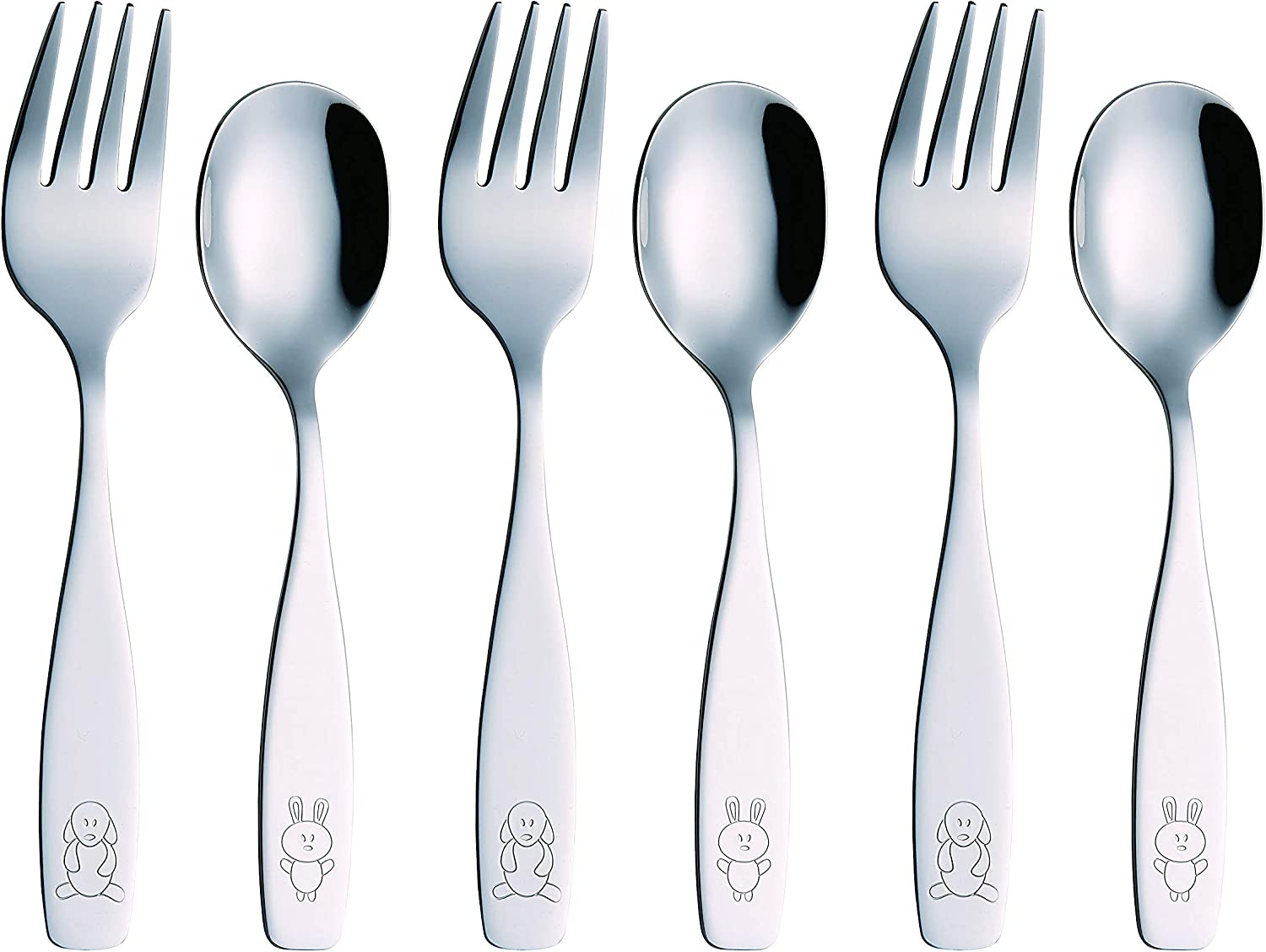 Exzact Children'S Cutlery Stainless Steel 6Pcs/ Kids Fork and Spoon Set/Toddler Flatware - 3 X Forks, 3 X Dinner Spoons - Dog & Bunny Engraved - Silver image number 3