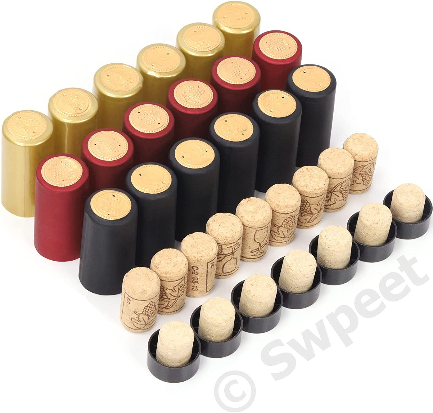 Swpeet 100Pcs 3 Colors Gold Black Red PVC Heat Shrink Capsules and Wine Bottle Cork Stopper with Black Plastic Top Assortment Kit, Wine Shrink Wrap Wine Bottle Corks for Wine Bottles image number 2