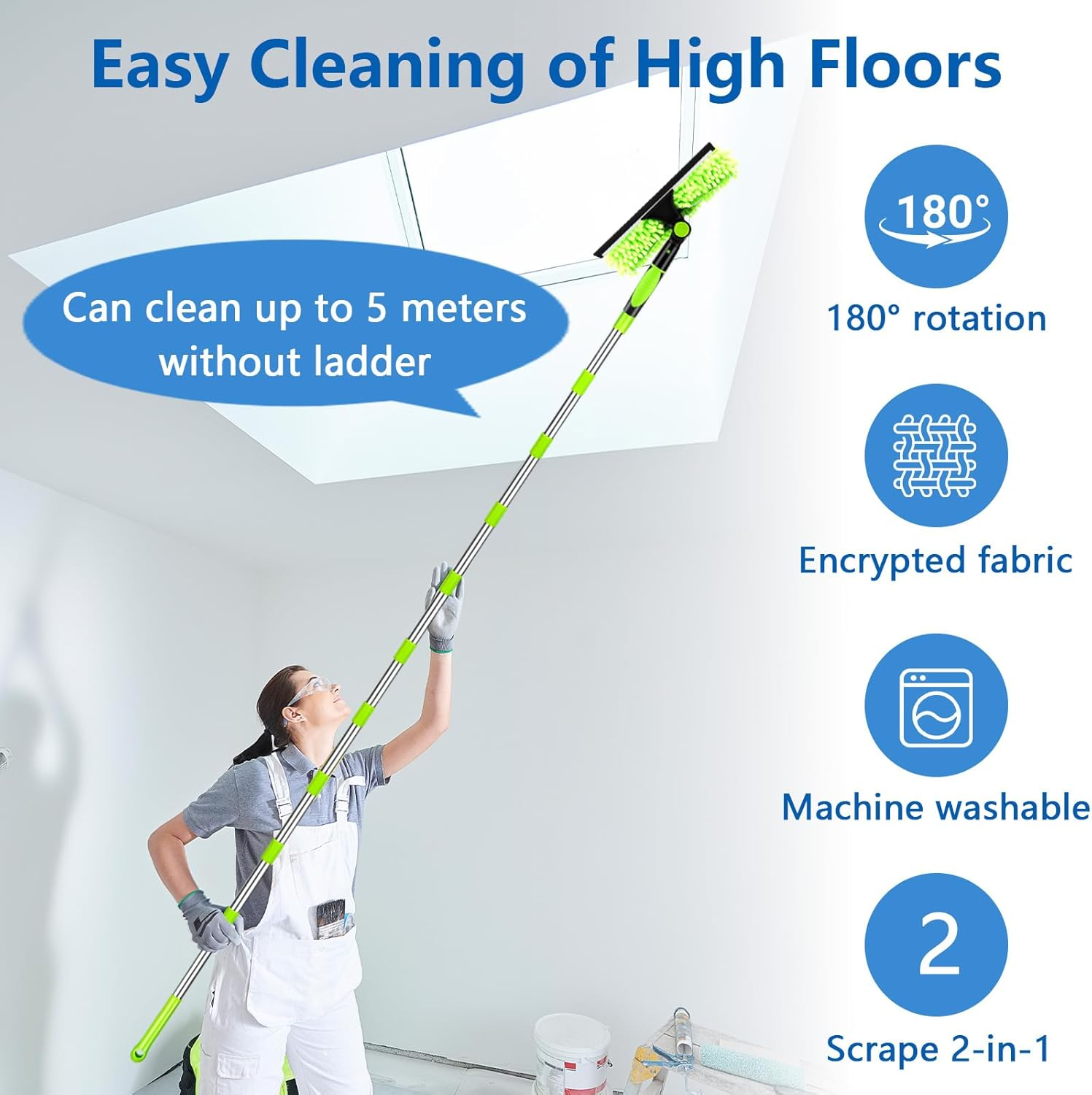 4.0M Telescopic Window Cleaning Poles Kit, Extendable Window Cleaner with Squeegee, 3 Microfibre Cloths, Long Reach Window Cleaning Equipment for Indoor & Outdoor High Windows, Cars, Walls (Green) image number 4