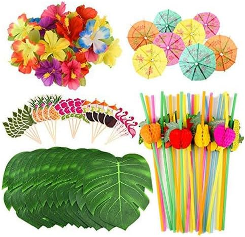 FEPITO 184 PCS Tropical Hawaiian Party Decorations Includes Tropical Palm Leaves, Hibiscus Flowers, Drink Umbrella Picks, Colorful Fruit Straws and Cupcake Toppers for Luau Party Decorations Supplies