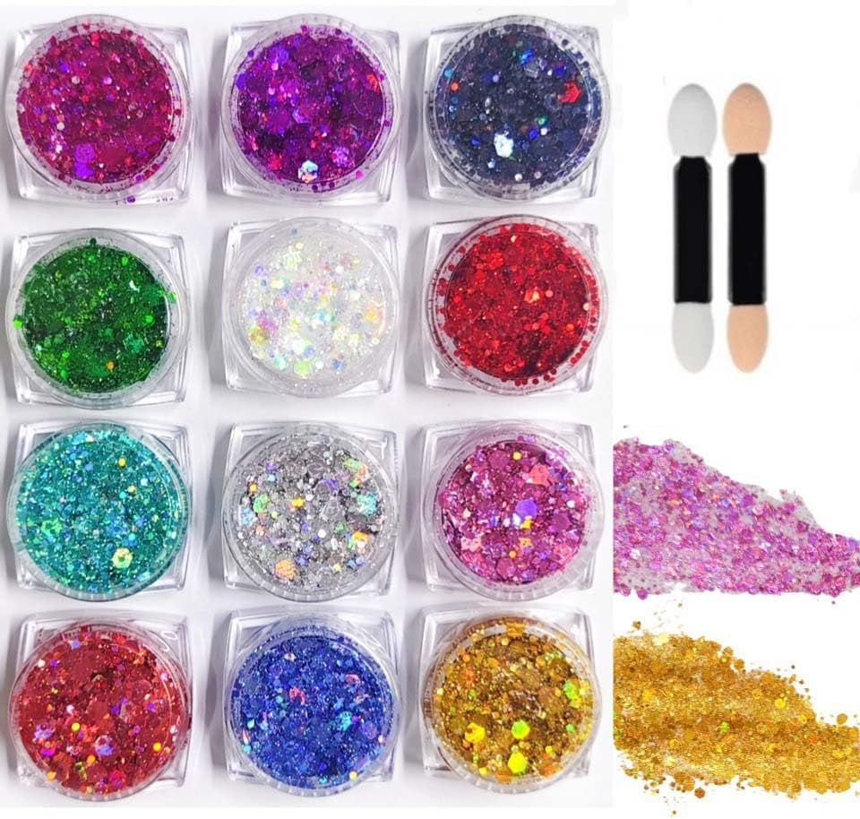 FRAKMU 12 Colors Holographic Chunky Glitter Gel Set for Christmas Party Makeup - Face, Body, Eye, Lips, Hair, Nail Cosmetic Festival Chunky Glitter Eyeshadow - Mixable, No Need Glue image number 2