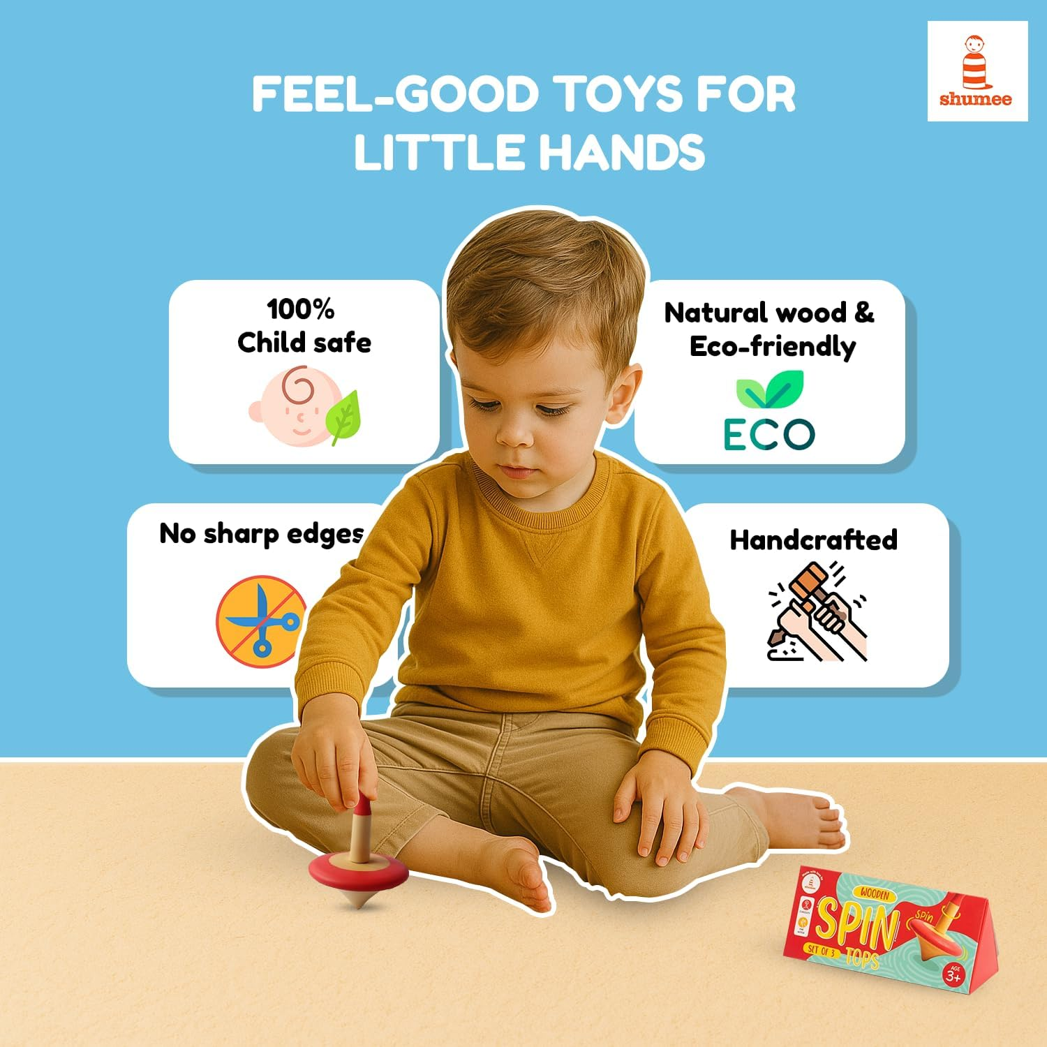 Shumee Wooden Spin Tops (3 Years+) - Curiosity & Fine Motor Skills (3 Pieces) image number 6