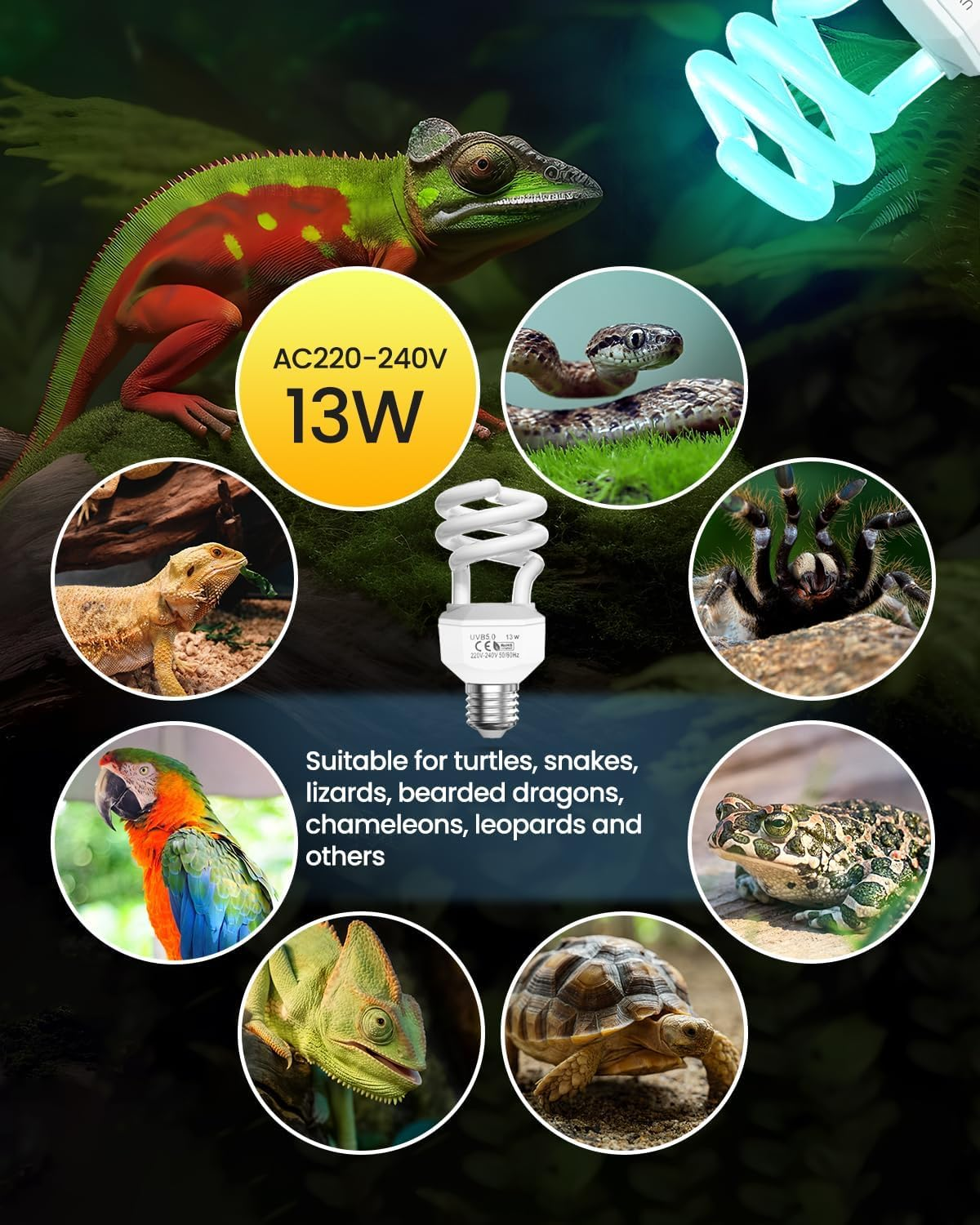 13W E27 UVA UVB Bulb Tortoise AC220-240V Uvb 5.0 Uvb Light Reptile Uvb Fluorescent Light Beam Angle 360&deg; UVA Lamp for Aquarium, Glass Container, Feeder, Turtle, Snake, Lizard, Etc (1Pcs) image number 5