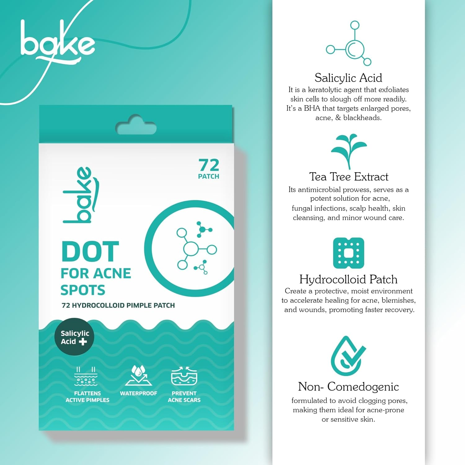 BAKE 2% Salicylic Acid Pimple Patches for Active Acne (72 Dots) | with Hydrocolloid Waterproof Patches | for Acne Marks, Acne Prone Skin | for All Skin Types (Pack of 72) image number 6