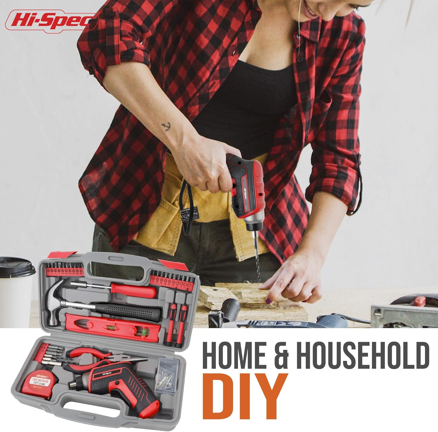 Hi-Spec 35Pc Red Household DIY Toolkit with 3.6V USB Electric Screwdriver and Bit Set. Small Tool Box Set of Starter Basic Tools for Home & Office Repair and Maintenance - Red 35Pc image number 2