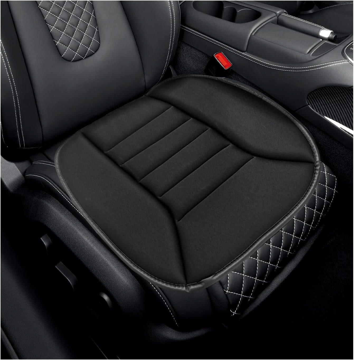 Povtii Car Seat Cushion with Front Pocket, Non-Slip Bottom Cushion for Car Driver Office or Home Chair, Breathable Pressure Relief Seat Pad with Memory Foam, Car Accessories (Black)