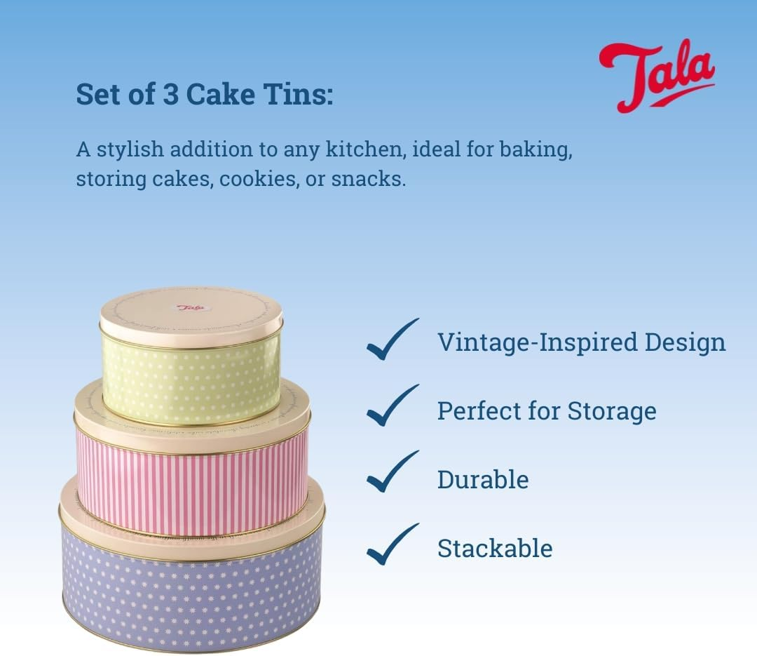 Tala Orignals Cake Storage Tins, Set of 3 round Nesting Cake Storage Tins, Perfect for Storing Cakes, Biscuits and Savoury Goods, Sizes Are 25.5Cm X 10Cm, 22 X 9.5Cm and 17Cm X 8.2Cm image number 6