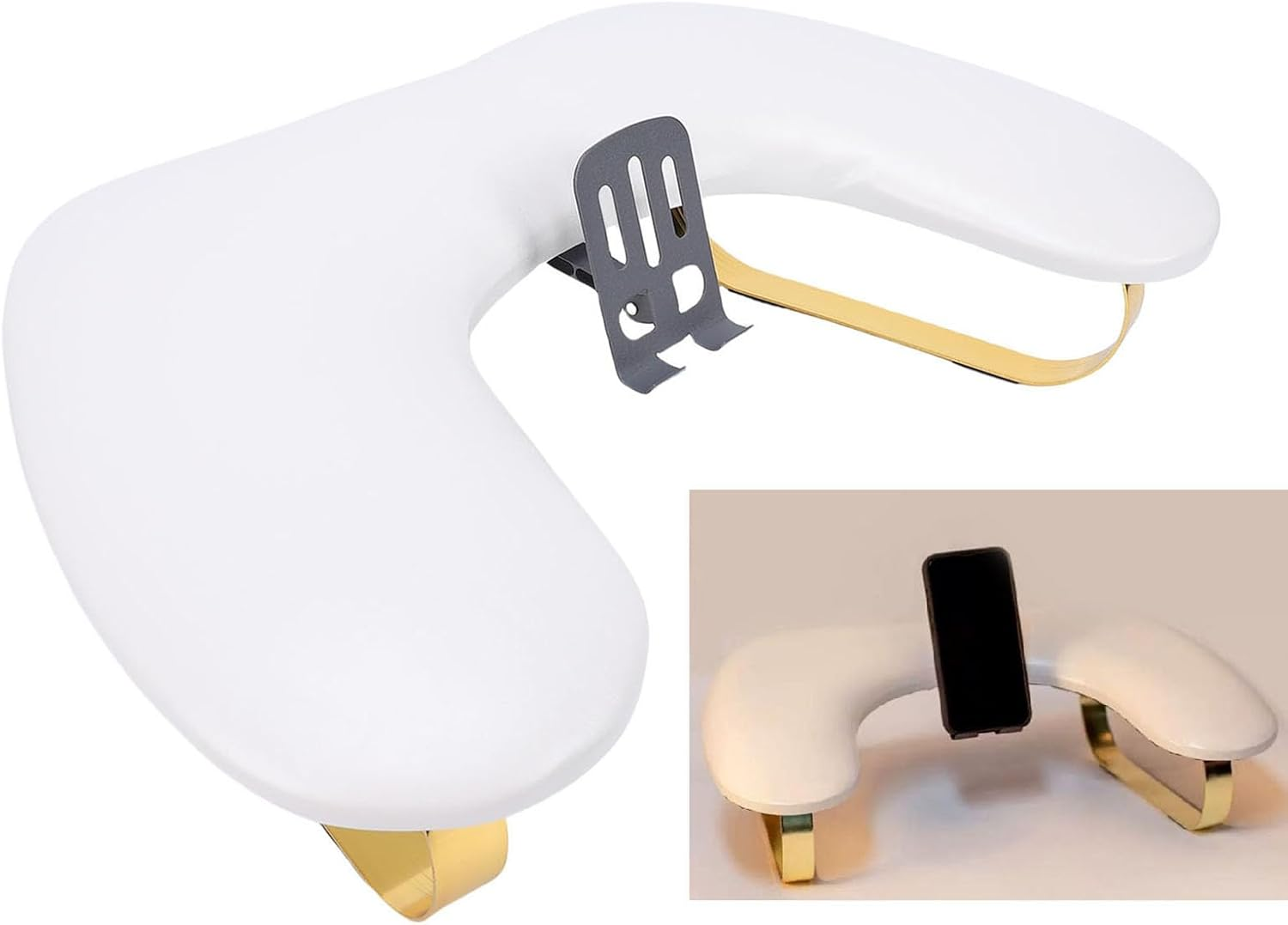 Depisuta Nail Arm Rest, Dual Purpose Arm Rest, Ergonomic Hand Support with Adjustable Phone Stand for Nail Tech, Curved Cushion Non Slip Base Wipe Clean PU Leather for Salon (White) image number 2