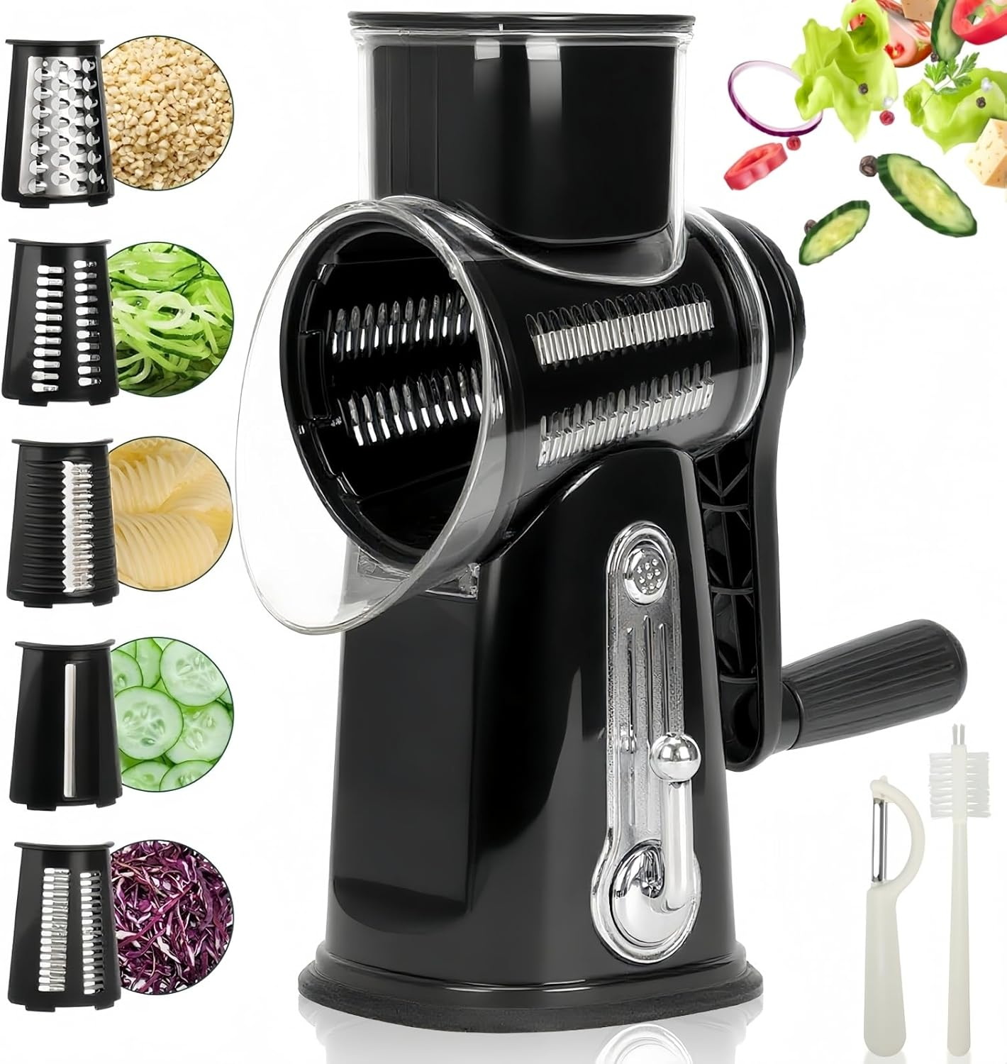 CHDEXU Rotary Cheese Grater with Handle, Manual Vegetable Slicer Grater with 5 Detachable Stainless Steel Blades, round Graters Slicer Hand Crank Food Chopper for Kitchen with Blade Storage Box