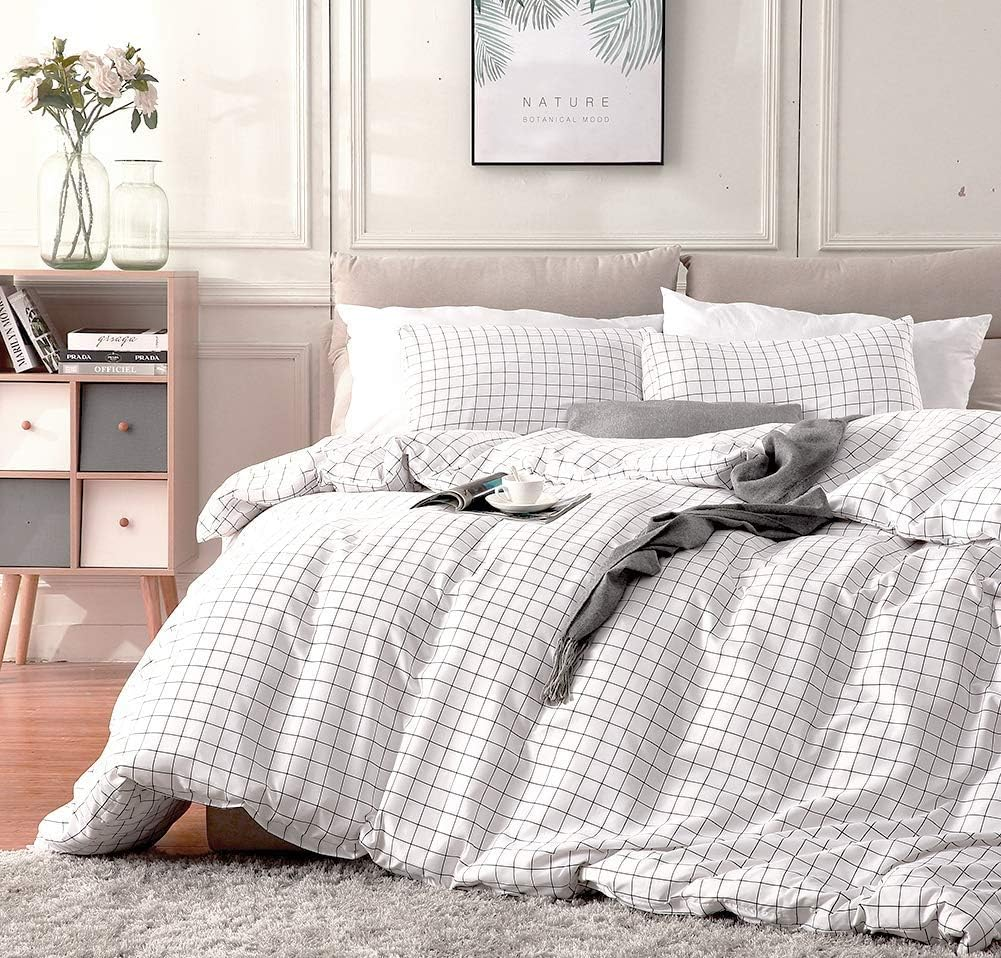 Mozeo Mini Black and White Grid Checkered Pattern Bedding Cover Set, Soft Duvet Cover Bedding Set 1 Duvet Cover and 2 Pillowshams(Queen White) image number 1