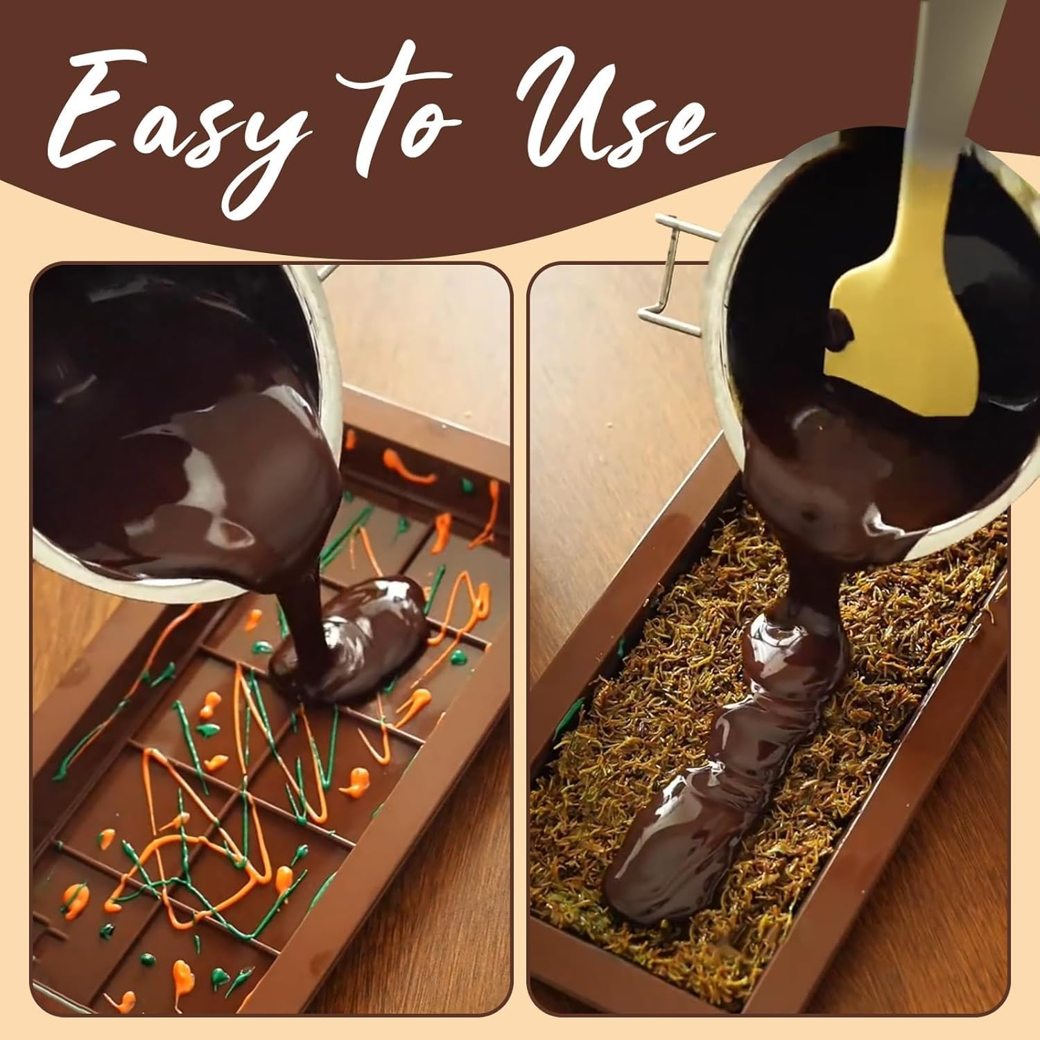 Fyvadio Chocolate Mold, 2 Pack Dubai Silicone Chocolate Bar Molds for Stuffed Bar,Big Chocolate Candy Bar Mold for Filling Knafeh Pistachio Chocolate Bar Kit (0.79 Inch Deep, Attached One Scraper)