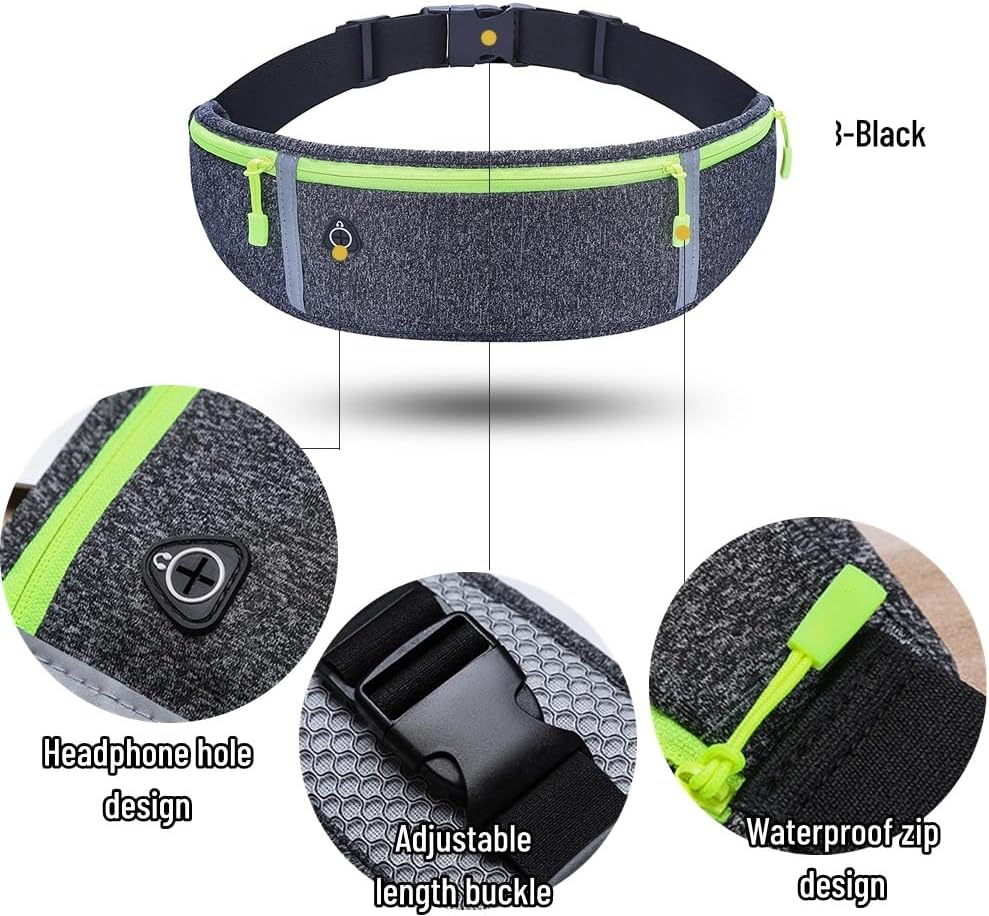 3 Pockets Running Belt for Men Women, Reflective Running Phone Holder Adjustable Fanny Pack,Runners Pouch Waist Pouch for Phone, Keys,Running Essentials (B-Fluorescent Green) - A-Grey image number 5