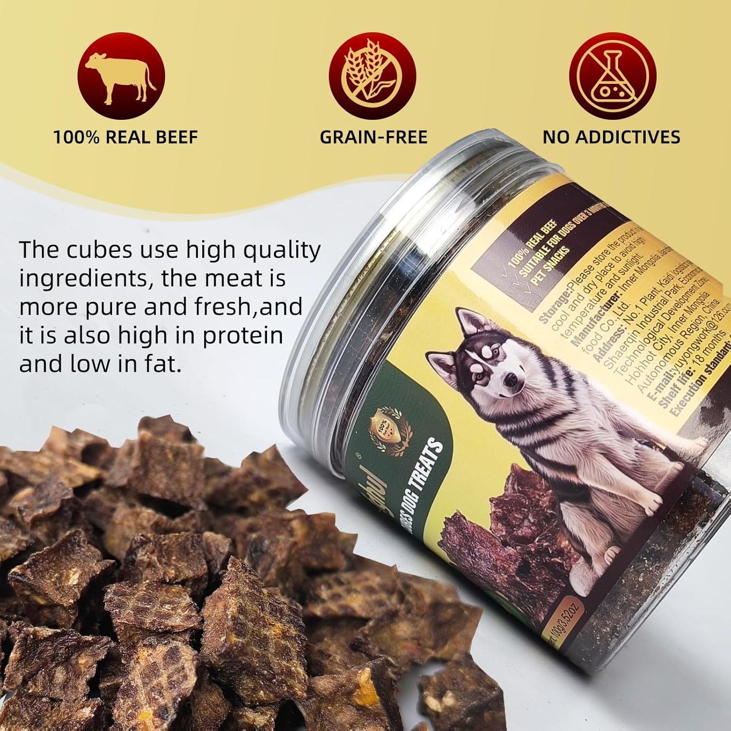 Dog Beef Treats, Rawhide Free Grain Free Dog Snack Chewy Beef Cubes for Dogs Natural Low Fat Dog Training Rewards-100G(3.53Oz) image number 3