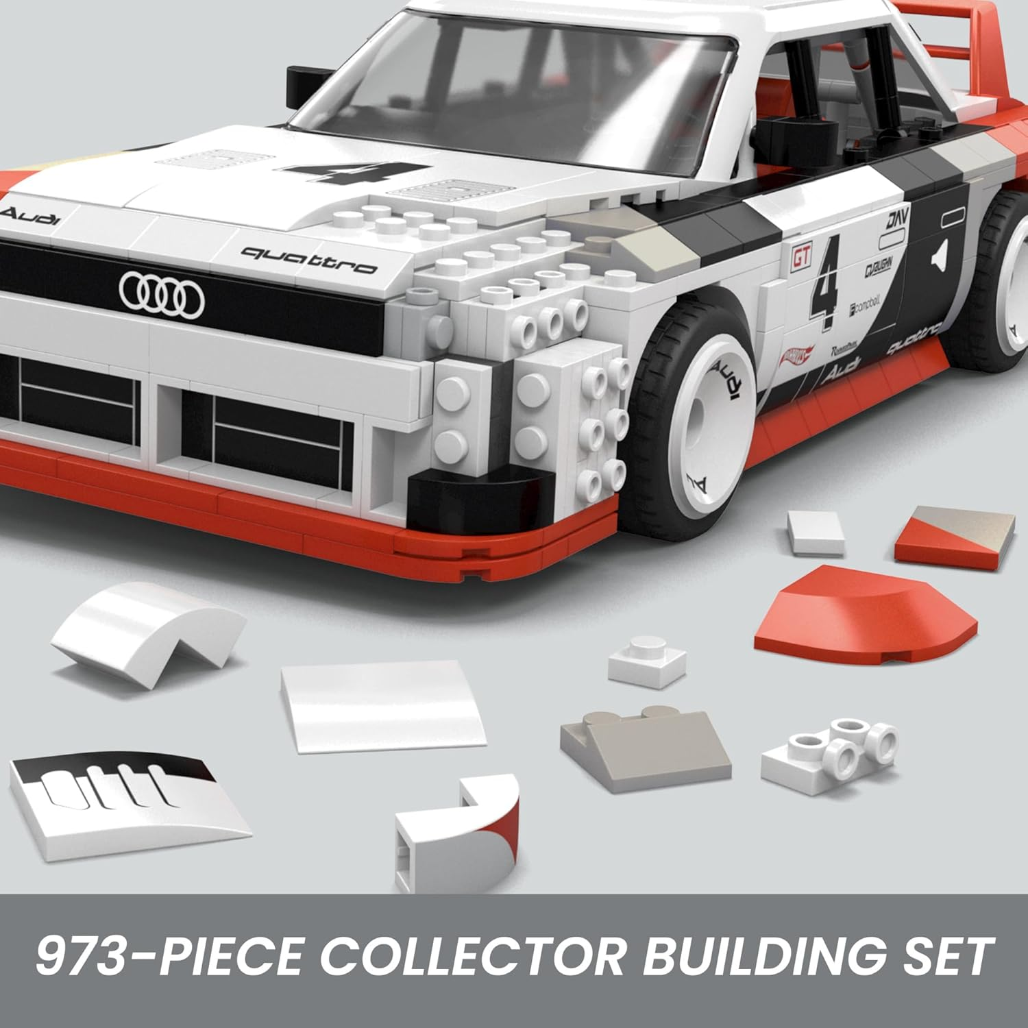 ​Mega Brands Hot Wheels Collectible Car Building Toy, Audi 90 Quattro IMSA GTO with 973 Pieces and Die-Cast Model, Build & Display Set for Collectors, Red image number 5