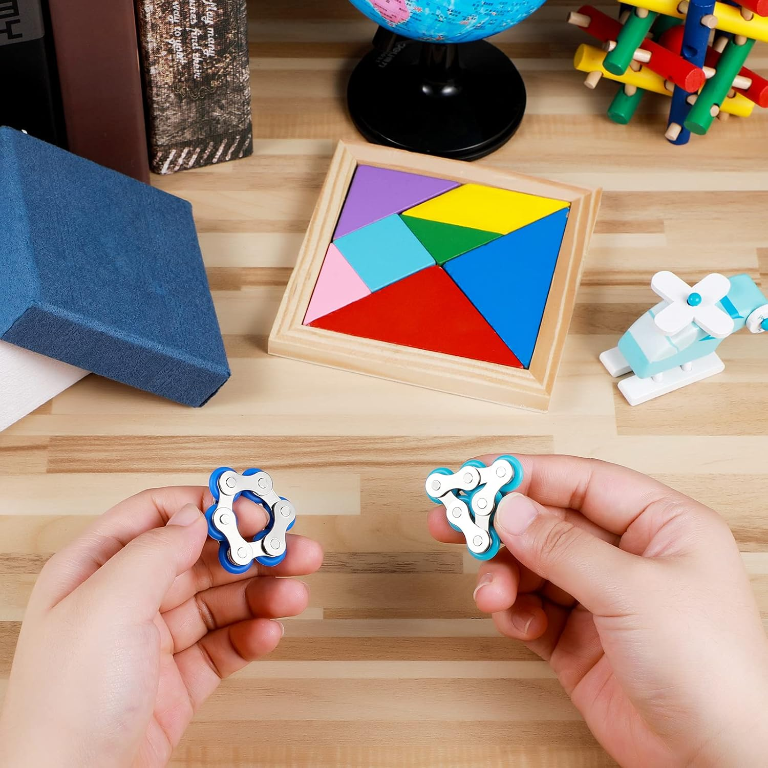 2 Pieces Fidget Toys Flippy Roller Chain, Six Roller Chain Fidget Toys Bike Chain Toys Novelty Stress Relief for Adults Teens Anxiety Autism, ADHD (Dark Blue, Sky Blue) image number 6