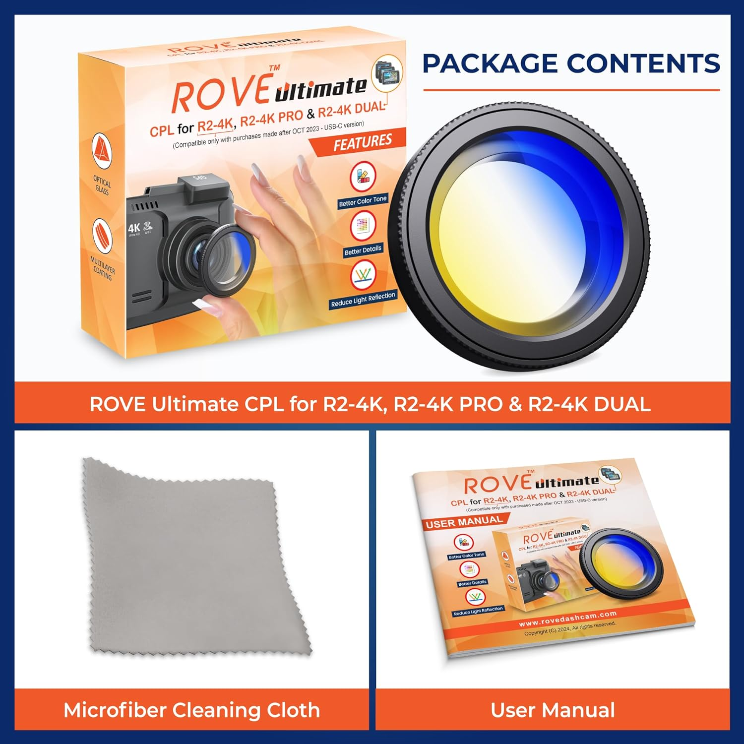 ROVE Ultimate CPL Filter, Anti-Glare Circular Polarizer Lens for ROVE R2-4K, R2-4K PRO, and R2-4K Dual Dash Cam Models image number 2