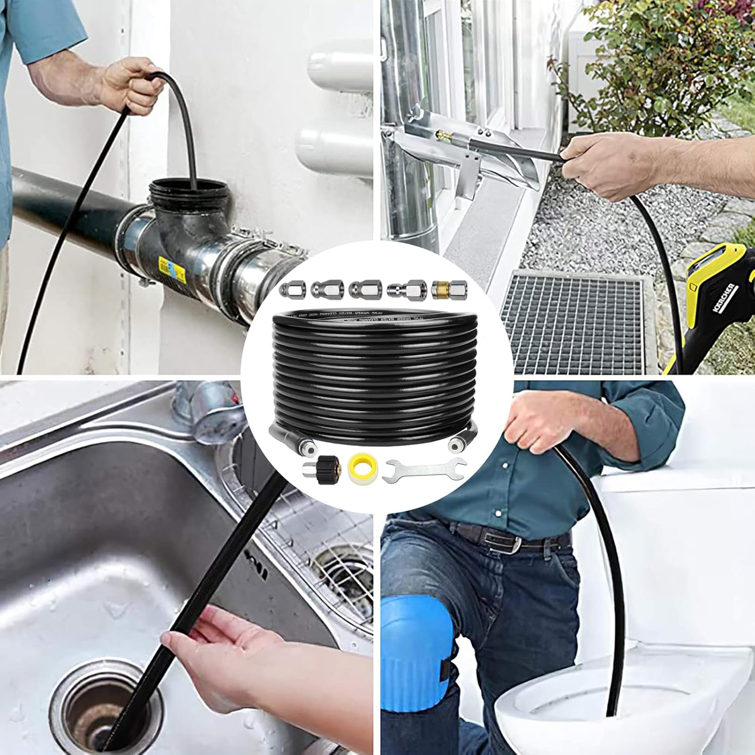 Sewer Jetter Kit for Pressure Washer 150FT, Newest 5800PSI Drain Cleaner Hose 1/4" NPT Angle, Accessory with 2 Spanners, 6 Jet Nozzles, with Pearl Brooch and Waterproof Tape image number 1