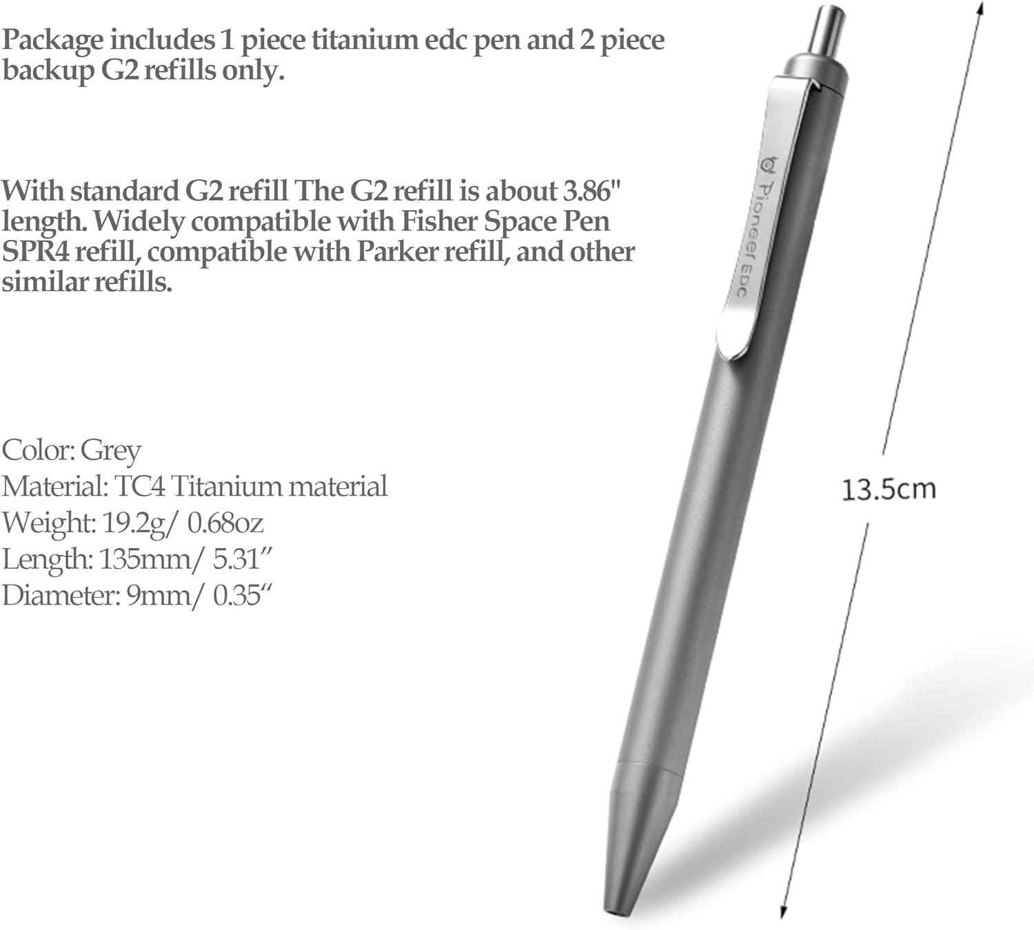 Hamans Titanium Ballpoint Pen 5.31&ldquo; Push Pen Clip to Retract Refill Pocket Pen for Everyday Carry Compact Size - Grey image number 3