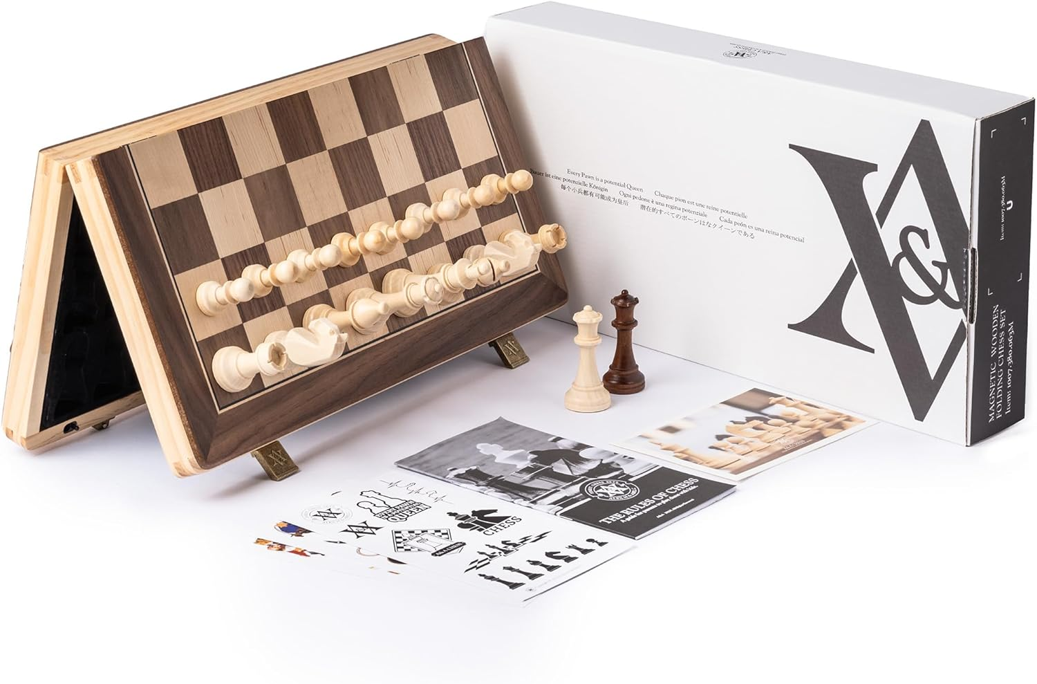 A&A 15" Magnetic Wooden Chess Set/Folding Board / 3" King Height German Knight Staunton Chess Pieces/2 Extra Queen