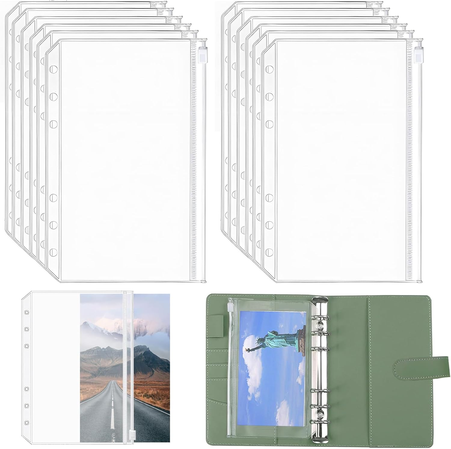 12 PCS Binder Pockets,A5 Size Binder Zipper Folders ，6 Holes Refillable Pouch Document Filing Bags, PVC Loose Leaf Bags for 6 Rings Binder Notebooks Planner[Waterproof] image number 3