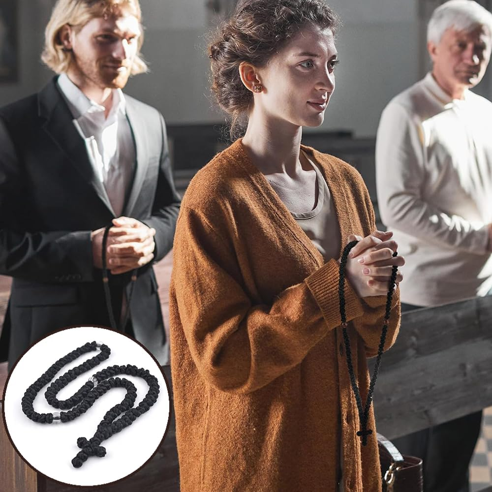 NYGHMY 1 Pcs Christian 100-Knot Prayer Rope (Black with Transparent Beads), Handmade Orthodox Prayer Rope with Cross Charm, Spiritual Protection Blessing, Handmade Transparent Bead Prayer Rope image number 3