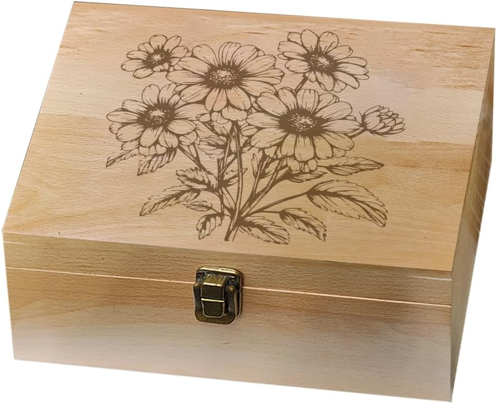 Arricraft 1 Pc Wooden Memory Keepsake Box, Daisy Cluster Sketch Pattern Storage Decorative Memory Wooden Box with Hinge Lids for Photos Dvds Letters Holding 24.5X19.5X10.3Cm