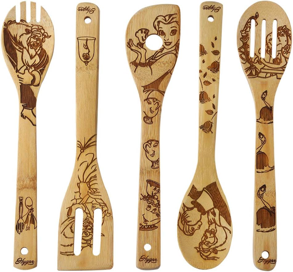 Idea Utensil Burned Wooden Spoons Set House Warming Wedding Present Slotted Spoon 5 Piece