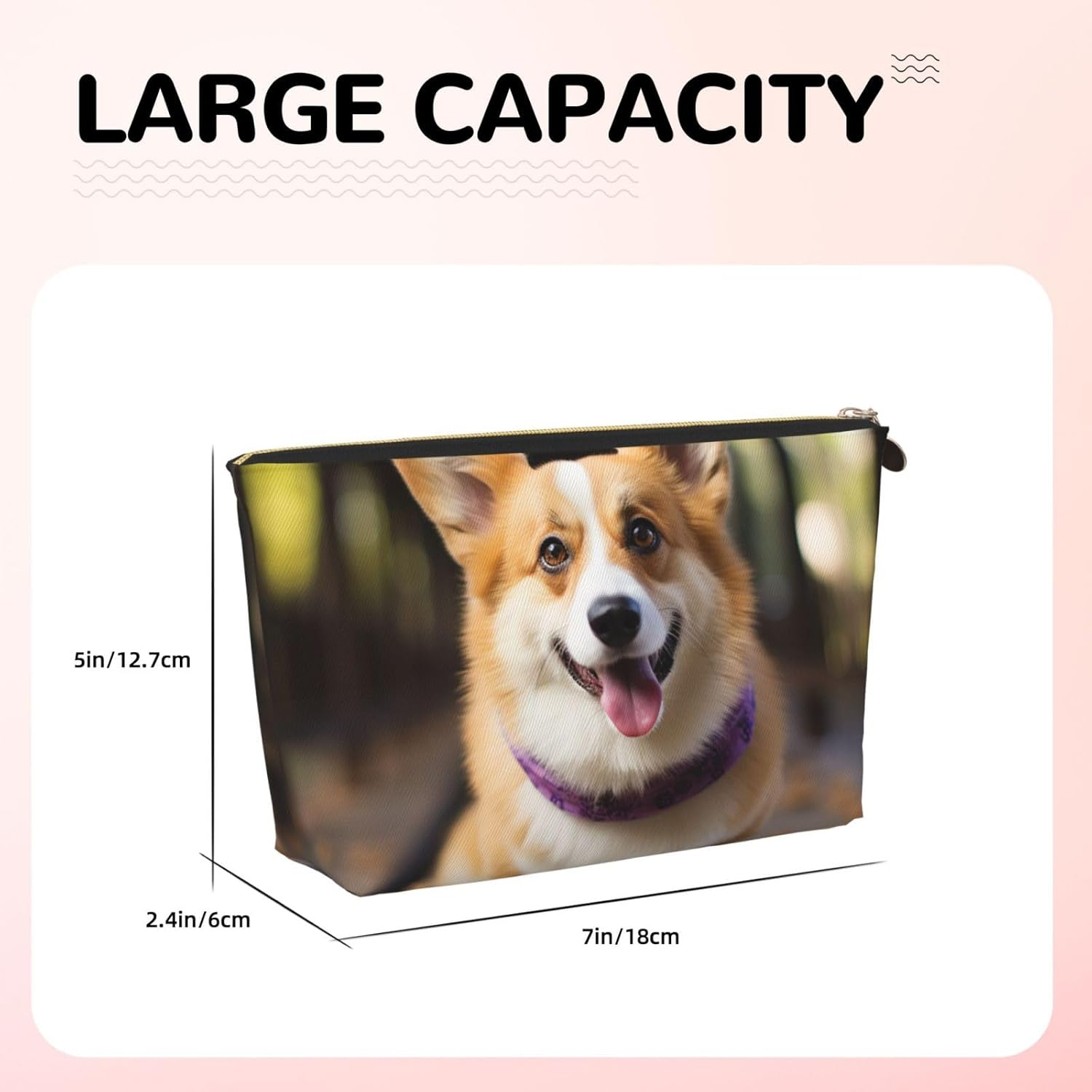 SDTYKHJ Large Capacity Makeup Bag for Women, Waterproof Portable Shaving Bag, Small Toiletry Bag, Dog, Corgi, Leather, Travel Cosmetic Organizer Bags, Gold, One Size image number 3