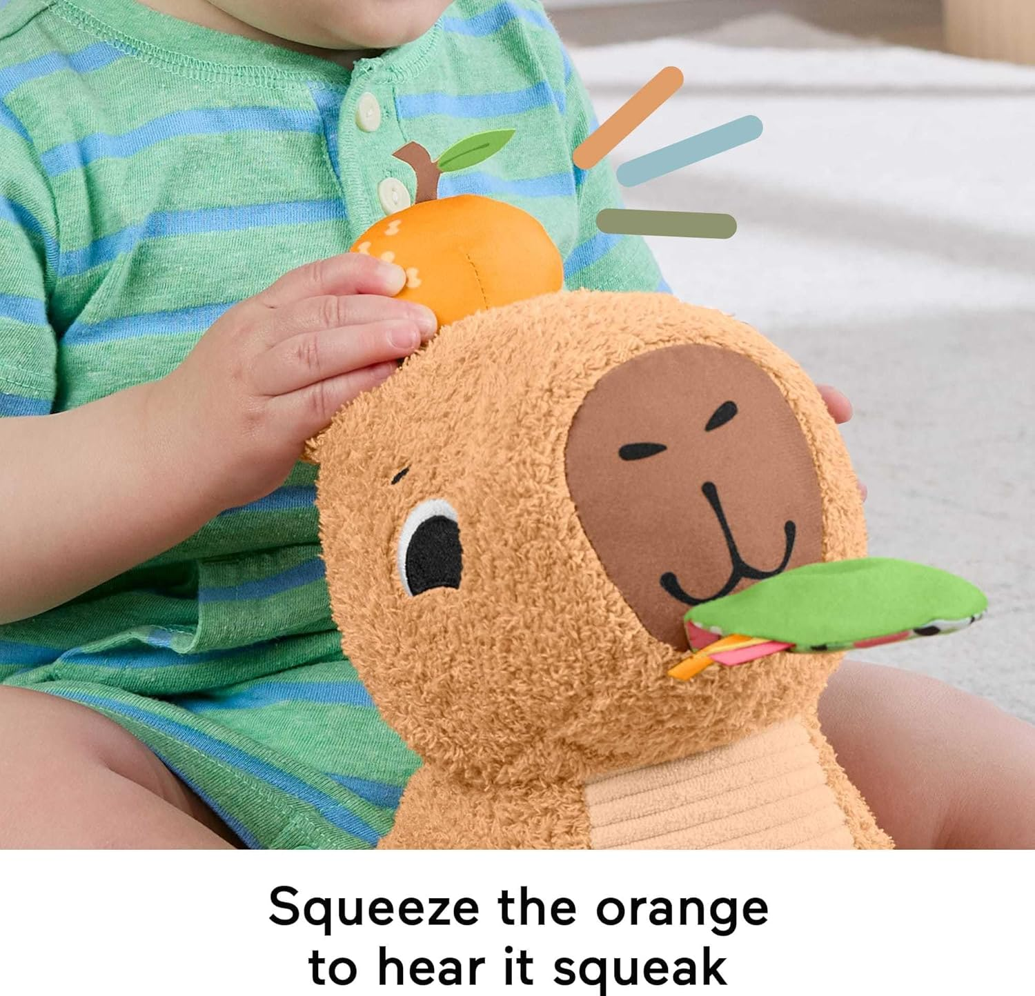 Fisher-Price Baby Sensory Toy Snuggly Snacky Capybara Plush with Newborn Teether & Rattle Activities for Infants Ages 3+ Months image number 4
