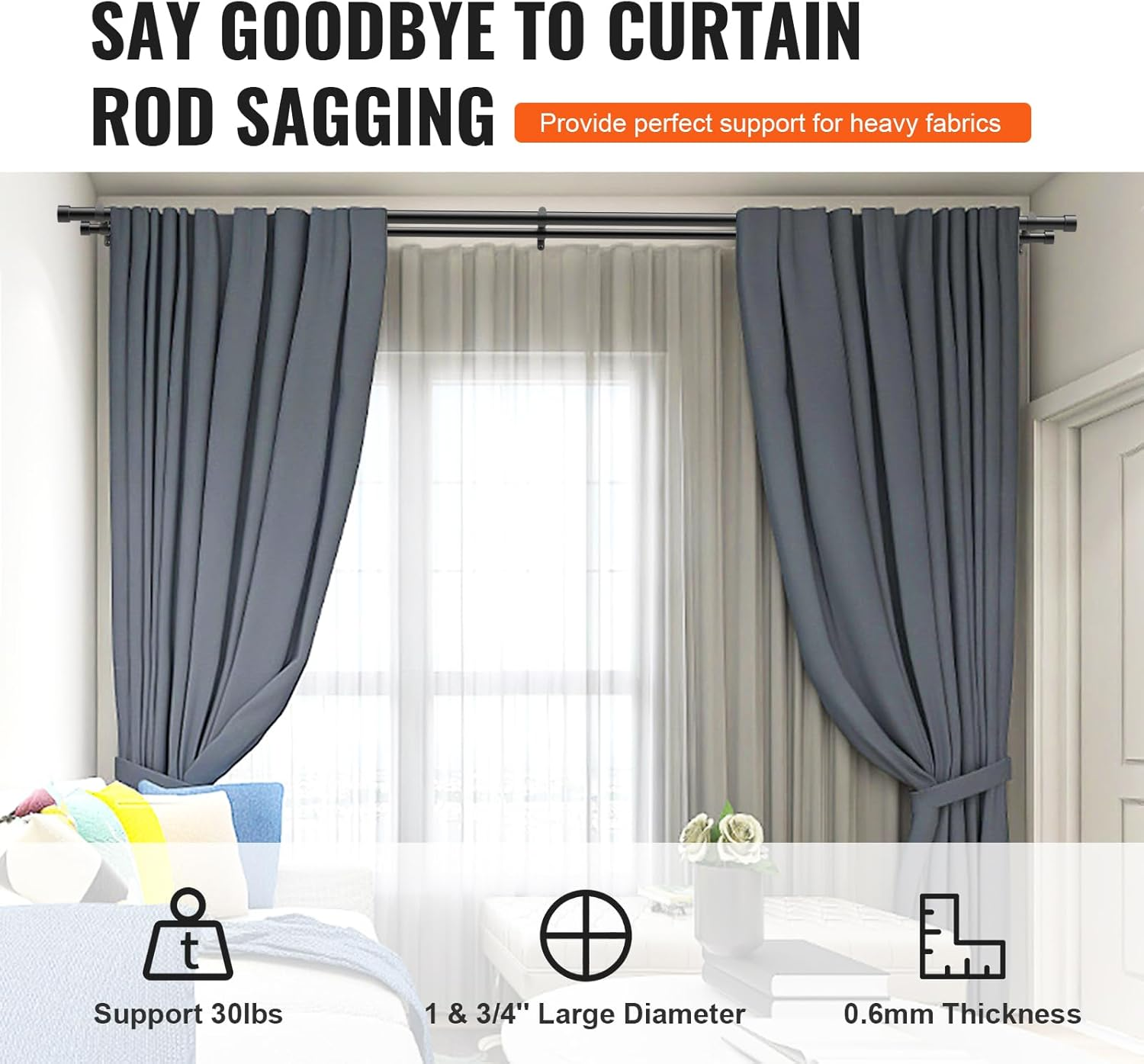 VEVOR Double Rod Curtain Rods, 36-72 Inches(3-6Ft) Adjustable Length, Black Double Curtain Rods with Cap Finials, 1" and 3/4" Diameter, Double Window Drapery Rod for Sheer and Blackout Curtains image number 5