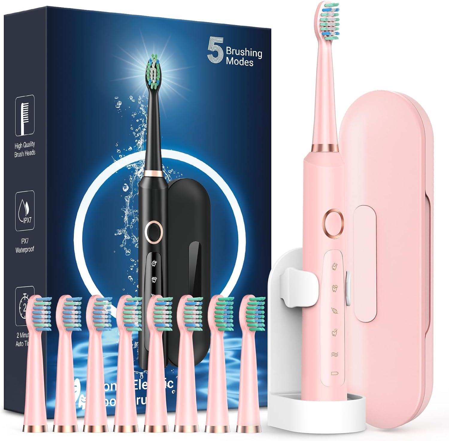 Sonic Electric Toothbrush for Adults - Rechargeable Electric Toothbrush with 8 Brush Heads & Travel Case,Teeth Whitening , Power Electric Toothbrush with Holder, 3Hours Charge for 120 Days - Black