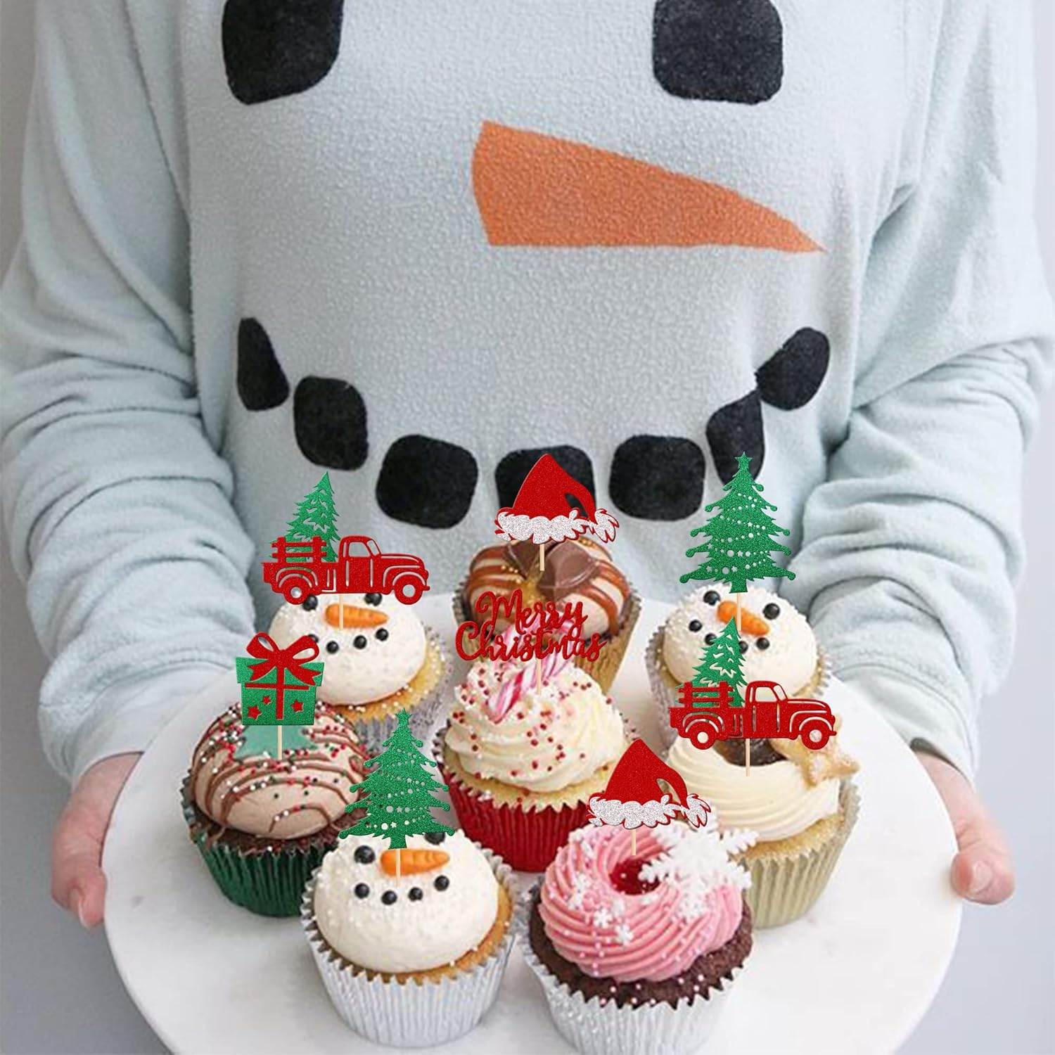 30 Pack Christmas Cupcake Toppers Glitter Christmas Truck Tree Hat Cupcake Picks Gift Box Cake Decorations for Christmas Theme Baby Shower Birthday Merry Christmas Party Supplies image number 5