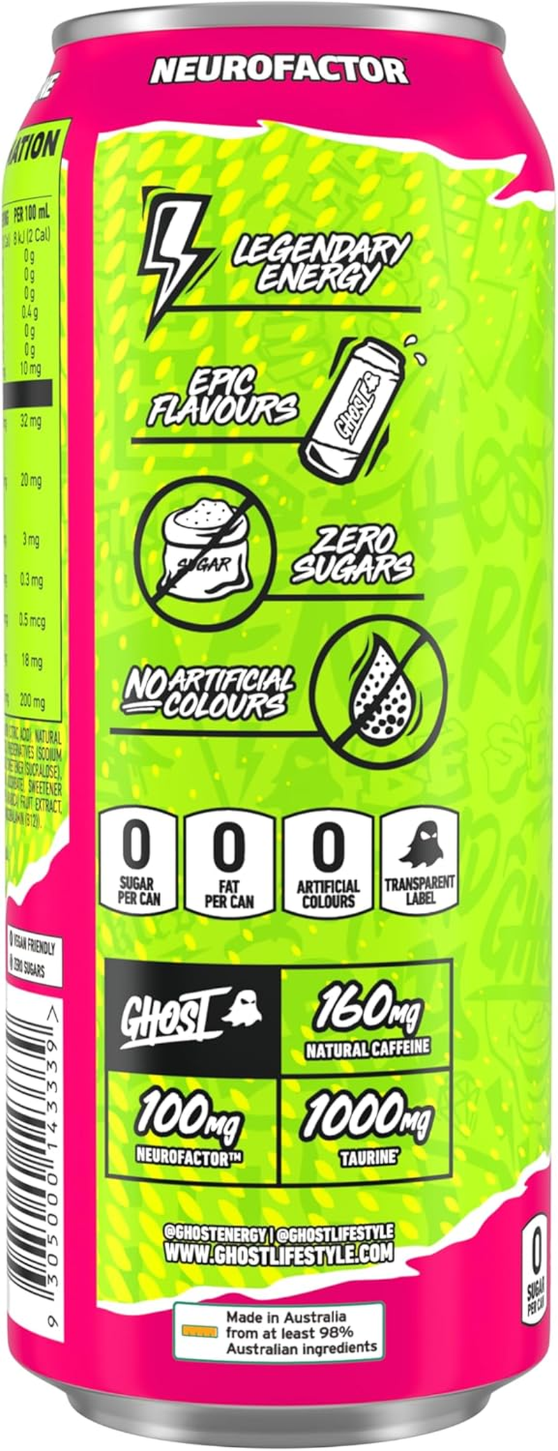 GHOST Energy Drink - 12-Pack, Sour Watermelon, 500 Ml Cans - Energy & Focus & No Artificial Colours - 160Mg of Natural Caffeine - Vegan image number 3