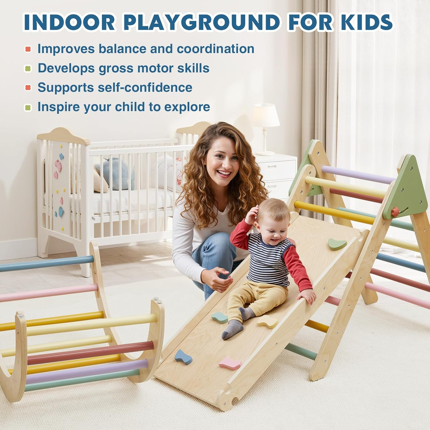 Pikler Triangle Set 7 in 1 Wooden Climbing Toys for Toddlers 1-3 inside Baby Climbing Gym Montessori Set Baby Jungle Gym Indoor Philosophy Climber with Arch & Ramp & Ladder Climber image number 2