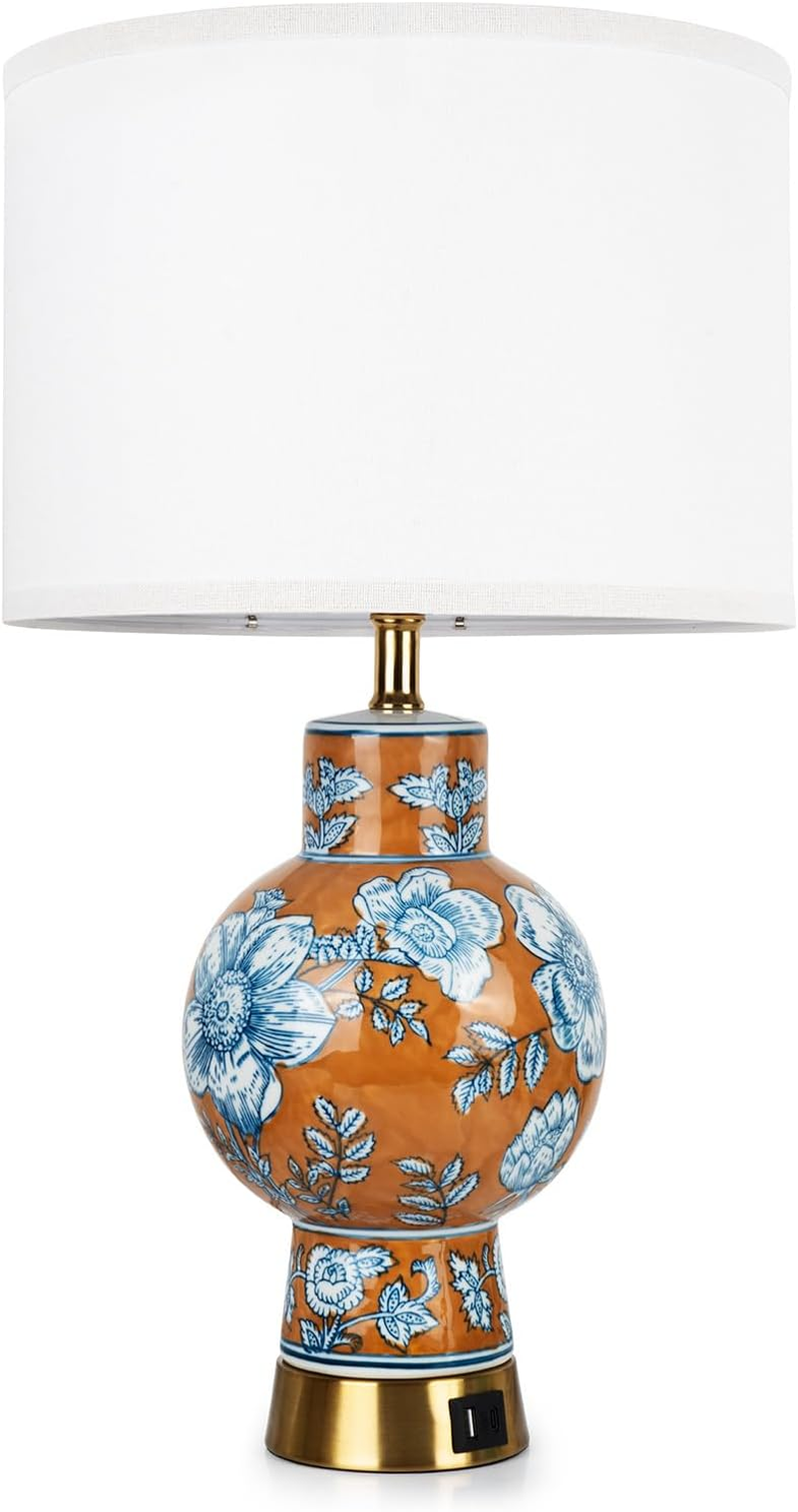 EOEYYOYB Bedside Table Lamp with USB Ports, 3-Way Dimmable Touch Lamp with Porcelain Vase Fabric Lampshade, Modern Desk Lamp Bedroom Decor for Living Room Home Office Study, Blue