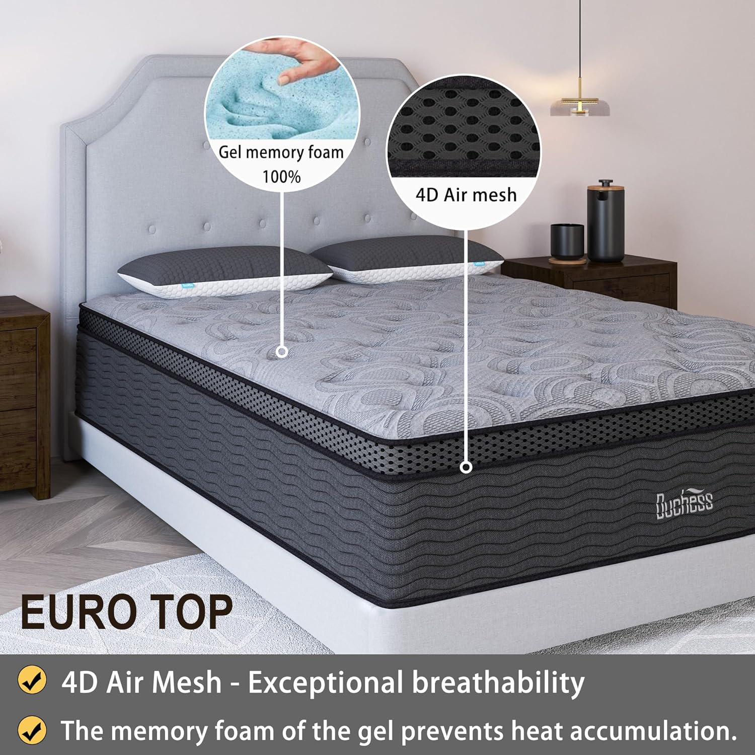 Duchess Double Hybrid Mattress Eurotop 34CM Mattresses Pocket Springs with Gel Memory Foam High Density Foam Layer Medium Firm image number 2