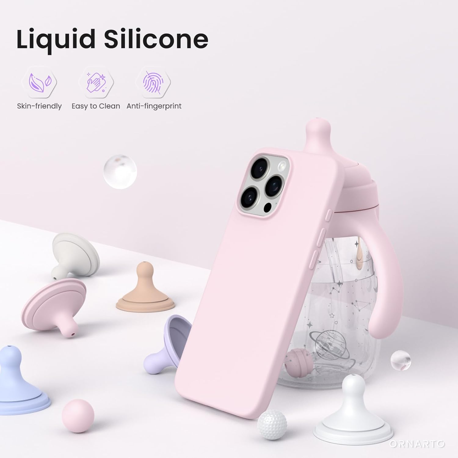 ORNARTO Compatible with Iphone 16 Pro Max Case 6.9", Slim Liquid Silicone 3 Layers Soft Gel Rubber Shockproof Protective Case with Anti-Scratch Microfiber Lining-Chalk Pink - Black image number 7