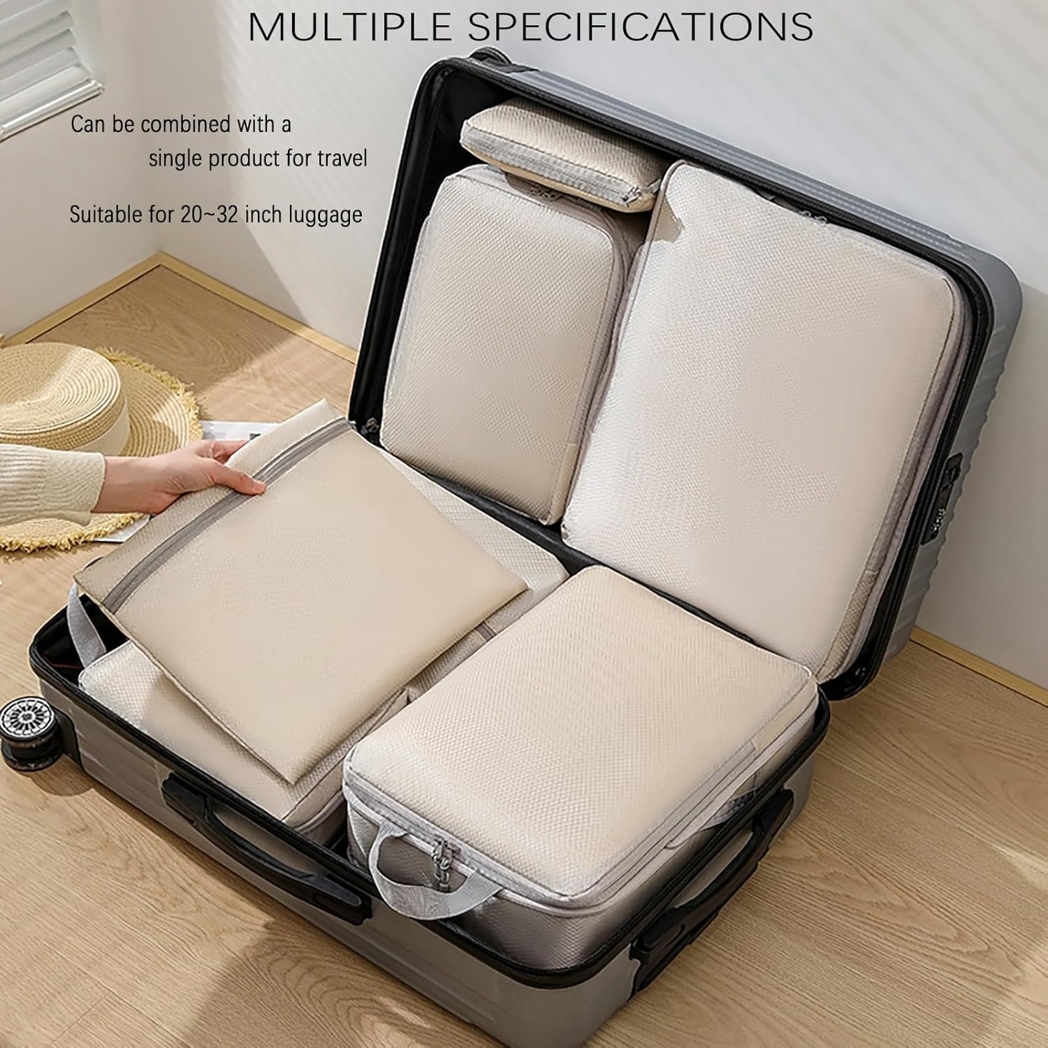 Ottsas Compression Packing Cubes 8 Set Travel Luggage Packing Organizers Set (Ivory, Compression Packing Cubes) image number 5