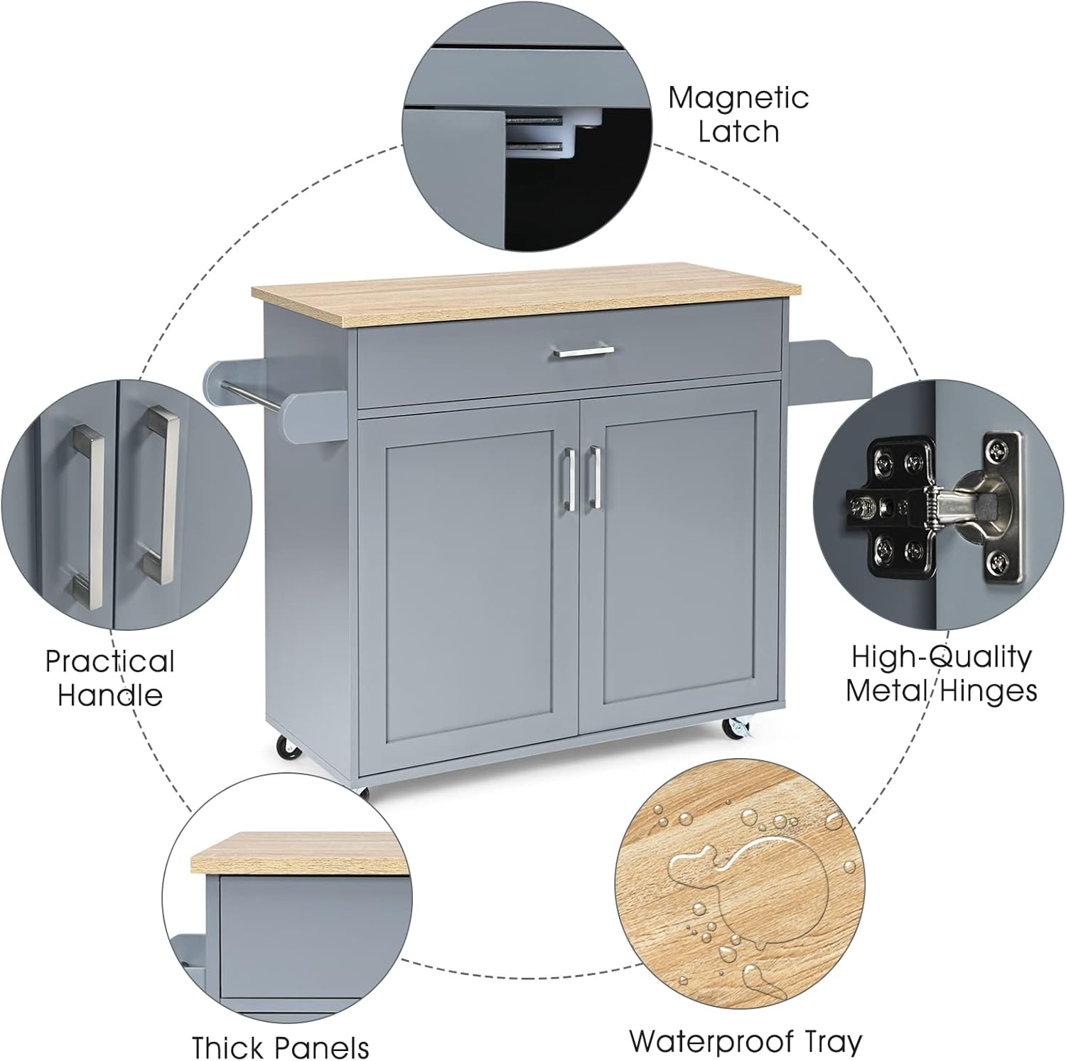 Costway Rolling Kitchen Island Cart with Storage, Serving Trolley Cart with Towel Rack, 3-Level Adjustable Shelf & Lockable Wheels, Mobile Island Table, Organizer Furniture (Grey) image number 2