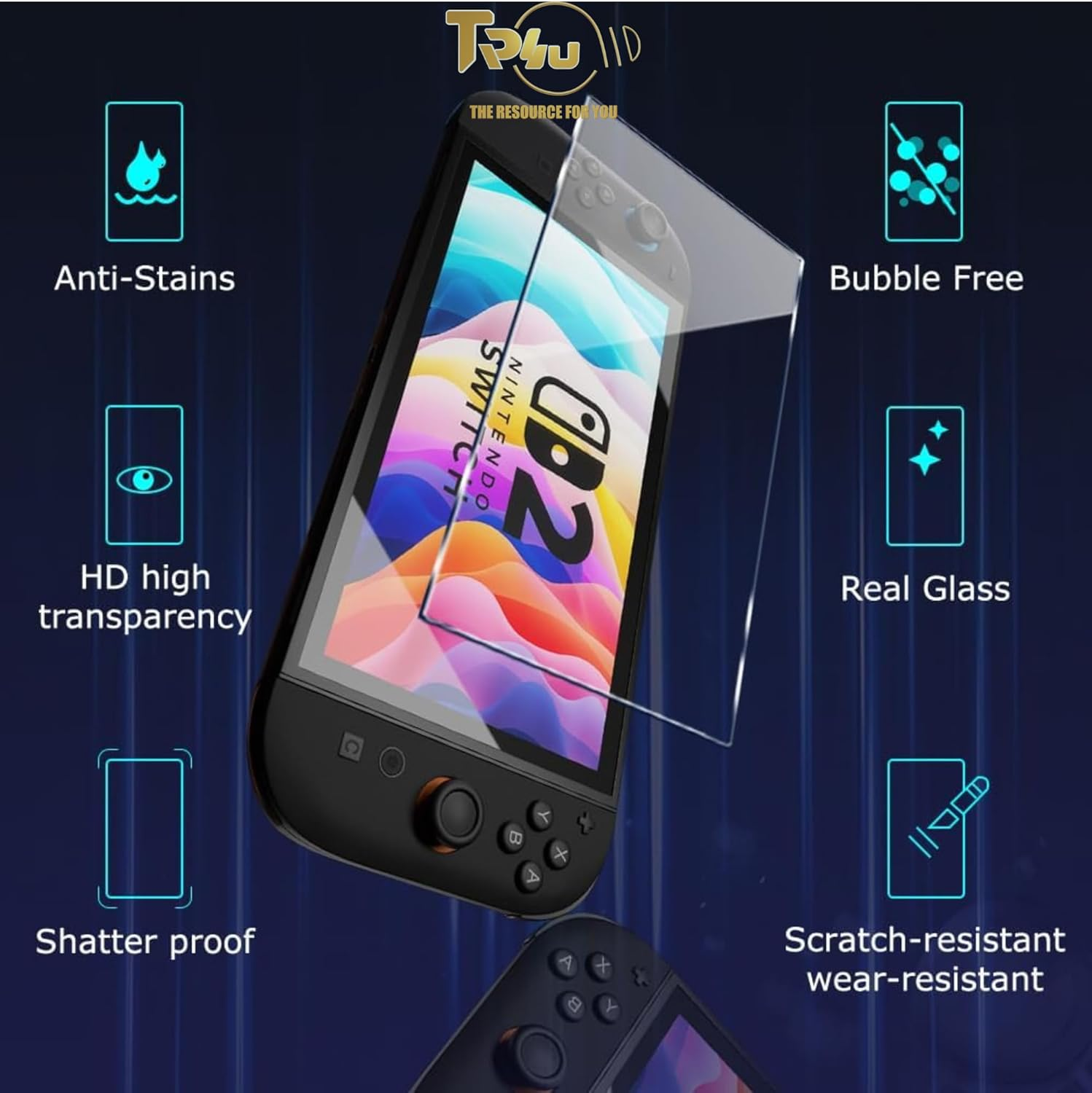 TR4U 2 in 1 Nintendo Switch 2 Screen Protector (2 PACK) - anti Fingerprint - Easy Installation - 9H Hardness Tempered Glass - Premium Shatterproof HD Clear - Screen Protector for Nintendo Switch 2 8"(2025) image number 2