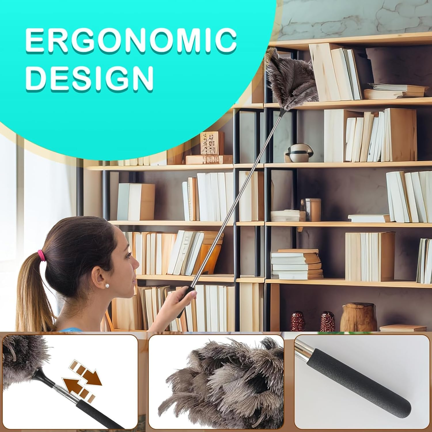 Extendable Ostrich Feather Duster up to 17-40 Inches Fluffy Feathers Long Handle Reusable for Cleaning Ceiling Fan Pendant Lamp High Ceiling Blinds Furniture Feather Duster image number 6