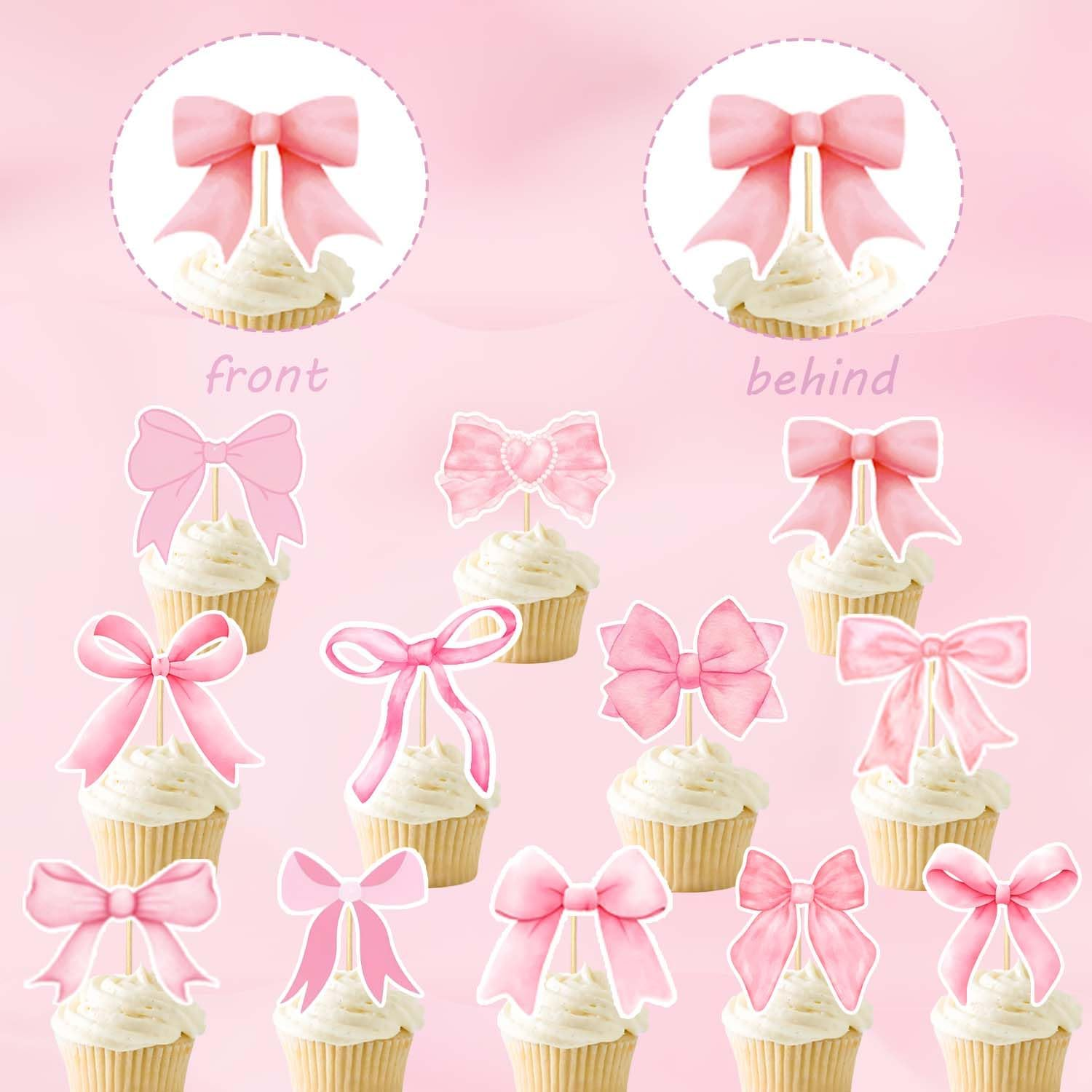 24PCS Coquette Bow Cupcake Toppers, Pink Bow Coquette Birthday Cake Decorations for Bachelorette Bridal Engagement Wedding Girl Baby Shower Bow Theme Party Decor image number 2