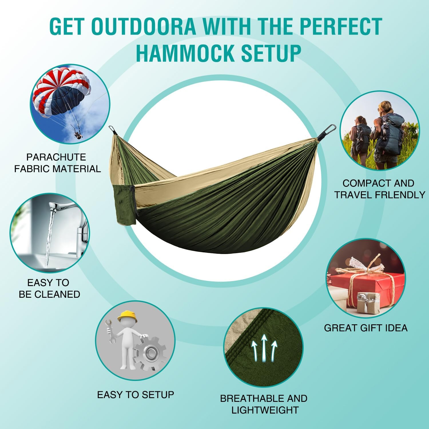 Hammock Camping, Portable Single/Double Hammocks for Outdoor Hiking Travel Backpacking - 210D Nylon Hammock Swing for Backyard & Garden (Green/Khaki) image number 4