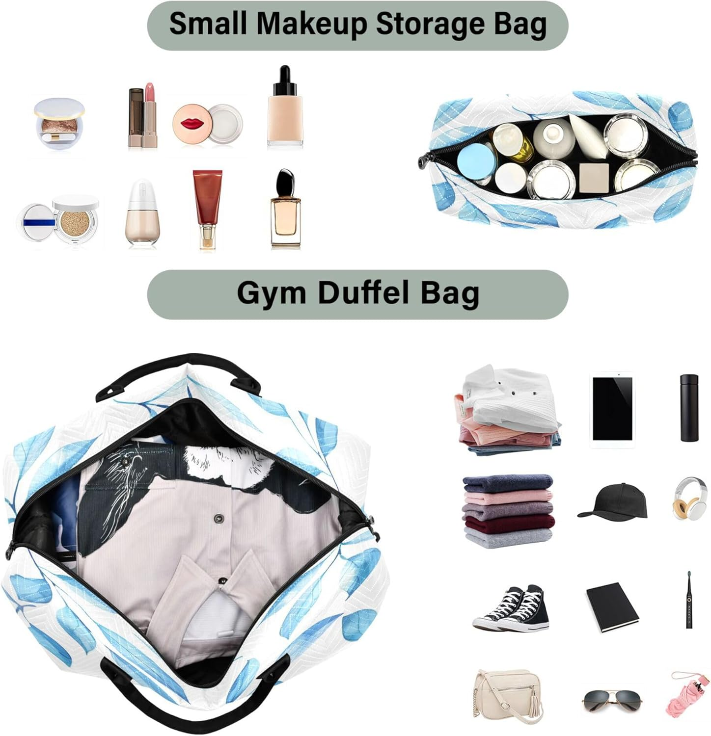 Overnight Travel Duffel Bag Travel Tote Gym Bag Carry on Tote Bag with Toiletry Bag for Gym Waterproof Watercolor Light Blue Leaves, Multi, 1 Size, Modern/Fitted, Multi, 1 Size, Modern/Fitted image number 3
